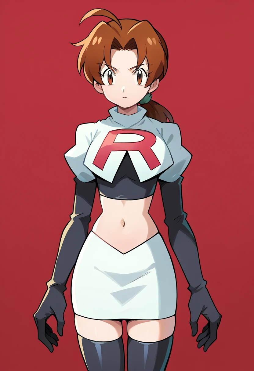 score_9, score_8_up, score_7_up, source_anime,
deliaketchum, deliaketchum, brown hair, brown eyes, parted bangs, ahoge, ponytail, low ponytail,
looking at viewer, cowboy shot, team rocket,team rocket uniform,white skirt,red letter R,crop top,black thigh-highs,black elbow gloves, cowboy shot