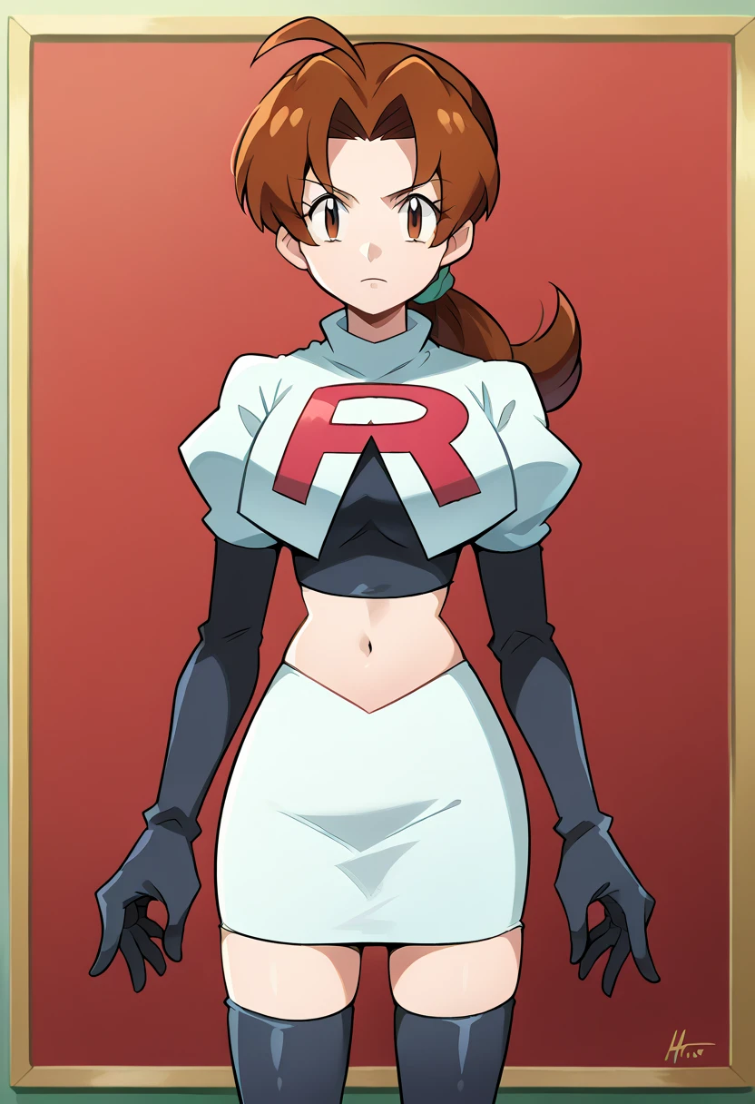 score_9, score_8_up, score_7_up, source_anime,
deliaketchum, deliaketchum, brown hair, brown eyes, parted bangs, ahoge, ponytail, low ponytail,
looking at viewer, cowboy shot, team rocket,team rocket uniform,white skirt,red letter R,crop top,black thigh-highs,black elbow gloves, cowboy shot