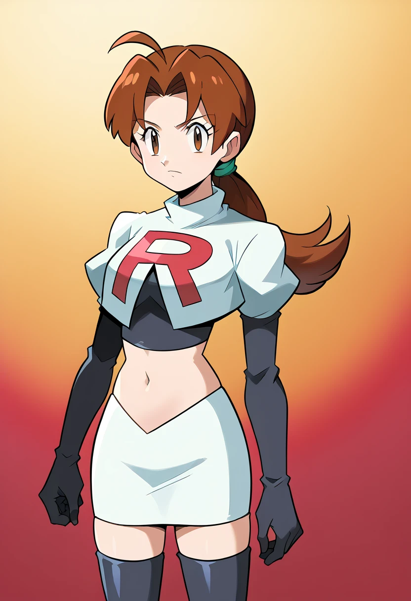 score_9, score_8_up, score_7_up, source_anime,
deliaketchum, deliaketchum, brown hair, brown eyes, parted bangs, ahoge, ponytail, low ponytail,
looking at viewer, cowboy shot, team rocket,team rocket uniform,white skirt,red letter R,crop top,black thigh-highs,black elbow gloves, cowboy shot