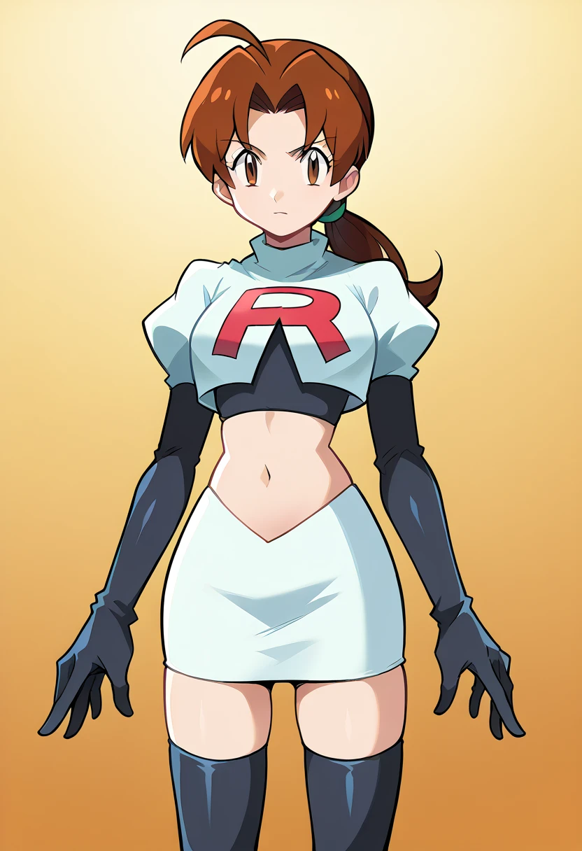 score_9, score_8_up, score_7_up, source_anime,
deliaketchum, deliaketchum, brown hair, brown eyes, parted bangs, ahoge, ponytail, low ponytail,
looking at viewer, cowboy shot, team rocket,team rocket uniform,white skirt,red letter R,crop top,black thigh-highs,black elbow gloves, cowboy shot