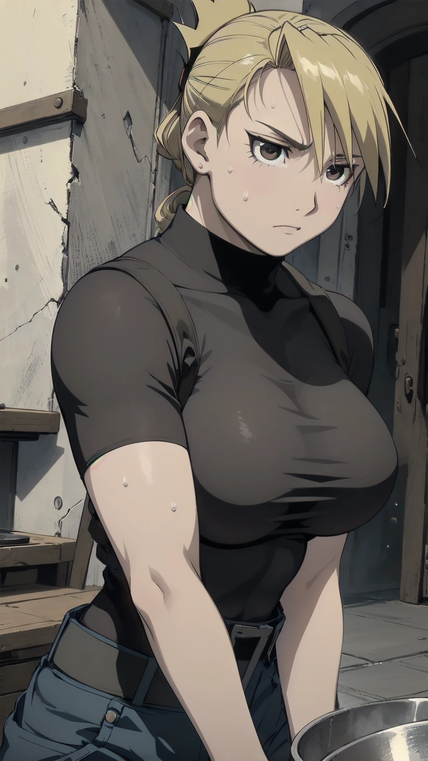 masterpiece,  top quality ,  high res,  One Girl , Hamriz,  ponytail,  brown eyes,big ,   black shirt  ,   Tight Shirt  , , Short sleeve, belt,  covered navel , blue pants ,indoor、 upper body close-up、 muscular body flowing through a bowl、、sweat、Composition from the front、Anime、((( person highlighting gray、 big boobs、Exposing both sides、sweat、Expectations)))