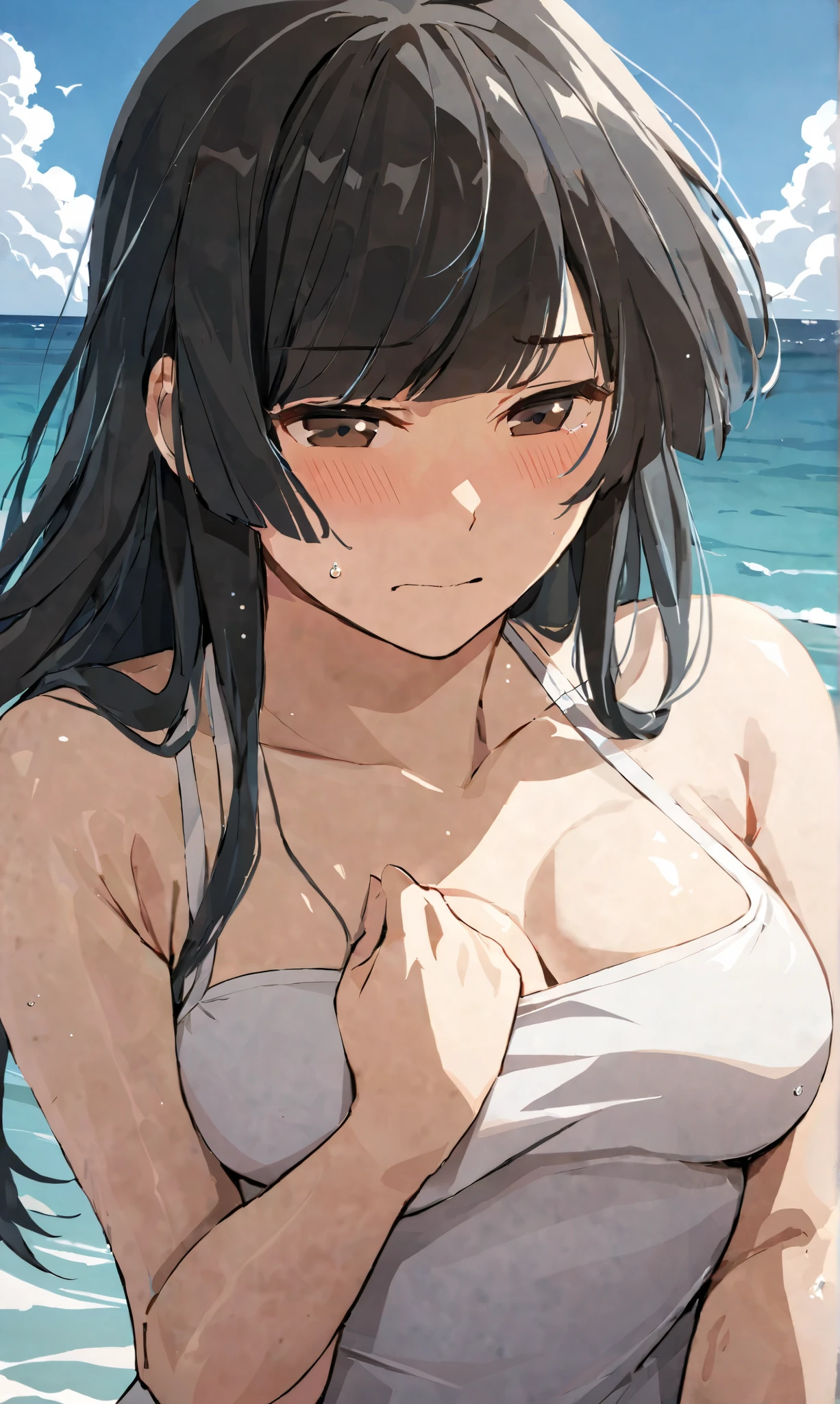 masterpiece,best quality, solo, eda, bangs, black hair, upper body,blue sky,cloud, shy expression, medium breast, hot, thicc, swimsuit , ocean, water, she is hiding her chest, she is shy, embarrassed
