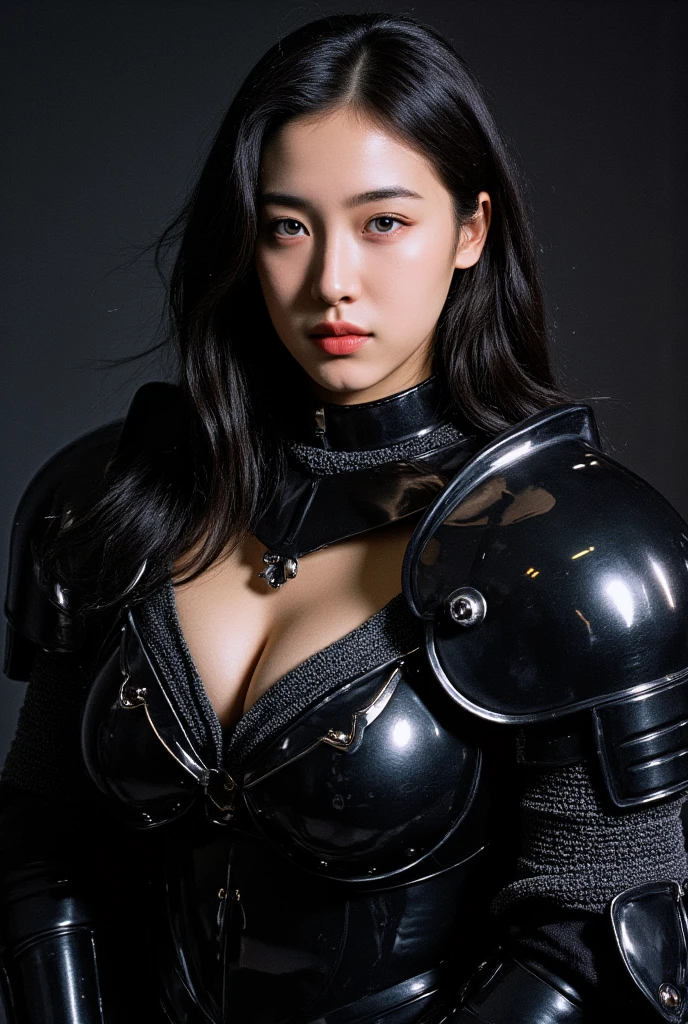 1girl, depth of field, official art, unity 8k wallpaper, ultra detailed, illustration, beautiful and aesthetic, masterpiece, best quality, knight, (big breasts), (milf, mature female), (black armor, armor, breastplate), beautiful face, (long hair, black hair,  very straight hair:1.4, hime cut:1.4), blue eyes, cowboy shot, glowing skin, back lighting, athletic figure, muscular female, curvy, wide hips, colorful, looking at viewer, Hyperrealistic, gradient background, dark background, outline, fantasy, from the front, watercolor, traditional media, (chromatic aberration, intricate details)