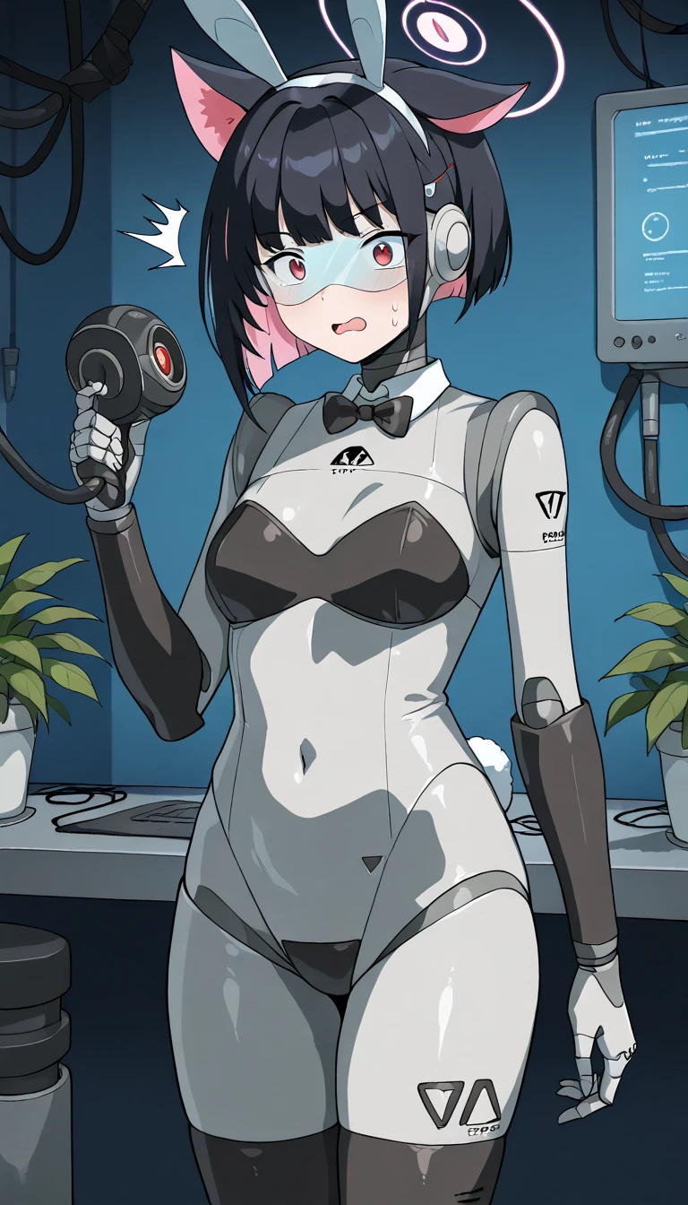 masterpiece, best quality, extremely detailed, (8K, 4K, Best Quality, hight resolution, 超A high resolution:1.1), ,8k portrait, Japaese android Girl,Plump , dark black leg cover,announcer,control panels,android,Droid,Mechanical Hand, Robot arms and legs, Black Robot Parts,Black long hair,Mechanical body,Blunt bangs,perfect mechanical abdomen,White robotics parts,perfect robot woman,future laboratory,cyber pank,charging spot,laboratory,long tube,thick cable connected her neck,white ceramic body ,perfect mechanical body, white robot body,lod antenna,mechanical ear cover,android,robot humanoid,black sponge joints,The removable cover is in the groin,The connection port is in the groin,opened chest panel,access panel on the chest,opened breast panel,perfect mechanical breast,perfect black machine body,perfect black android body,She has repaired,assembly plant,no human skin,visor,mistyrobot,kazusa(blue archive),spread leg,ahaegao,robot joint,doll joint,black robot legs,usbport in the side of neck,malfunction,tight bodysuit