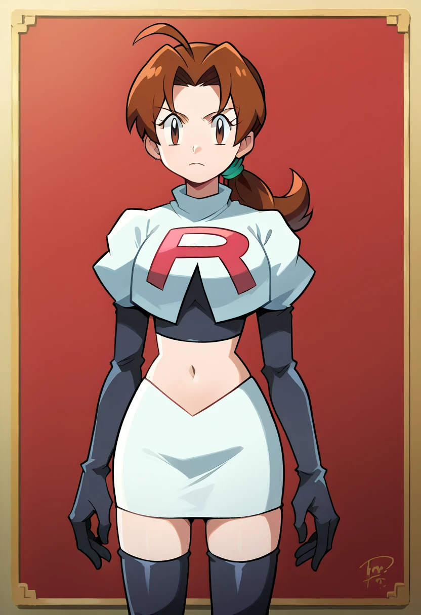 score_9, score_8_up, score_7_up, source_anime,
deliaketchum, deliaketchum, brown hair, brown eyes, parted bangs, ahoge, ponytail, low ponytail,
looking at viewer, cowboy shot, team rocket,team rocket uniform,white skirt,red letter R,crop top,black thigh-highs,black elbow gloves, cowboy shot