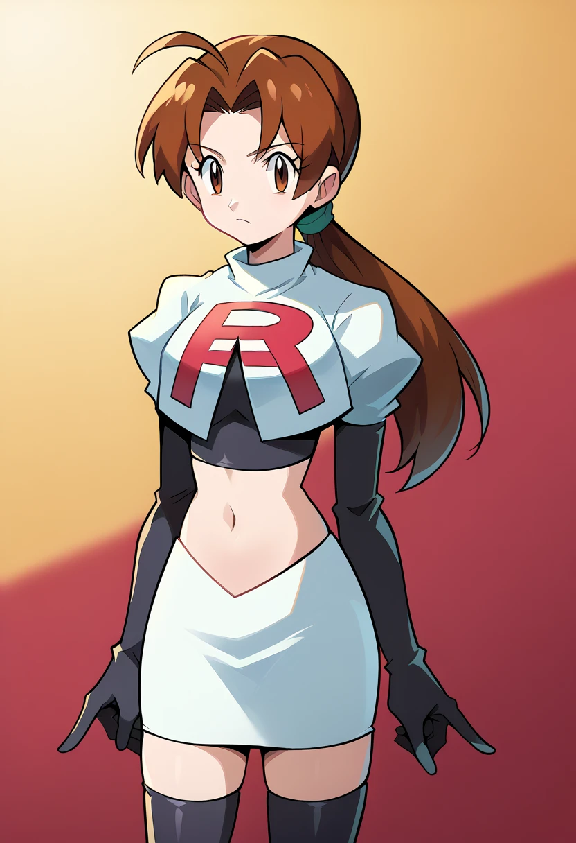 score_9, score_8_up, score_7_up, source_anime,
deliaketchum, deliaketchum, brown hair, brown eyes, parted bangs, ahoge, ponytail, low ponytail,
looking at viewer, cowboy shot, team rocket,team rocket uniform,white skirt,red letter R,crop top,black thigh-highs,black elbow gloves, cowboy shot