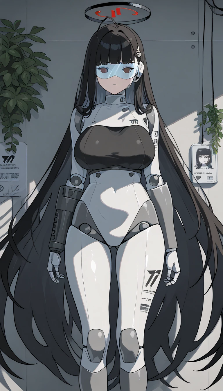 masterpiece, best quality, extremely detailed, (8K, 4K, Best Quality, hight resolution, 超A high resolution:1.1), ,8k portrait, Japaese android Girl,Plump , dark black leg cover,announcer,control panels,android,Droid,Mechanical Hand, Robot arms and legs, Black Robot Parts,Black long hair,Mechanical body,Blunt bangs,perfect mechanical abdomen,White robotics parts,perfect robot woman,future laboratory,cyber pank,charging spot,laboratory,long tube,thick cable connected her neck,white ceramic body ,perfect mechanical body, white robot body,lod antenna,mechanical ear cover,android,robot humanoid,black sponge joints,The removable cover is in the groin,The connection port is in the groin,opened chest panel,access panel on the chest,opened breast panel,perfect mechanical breast,perfect black machine body,perfect black android body,She has repaired,assembly plant,no human skin,visor,mistyrobot,rio(blue archive),robot joint,doll joint,black robot legs,usb ports in the side of neck,empty eyes,malfunction,tight bodysuit,arm cannon