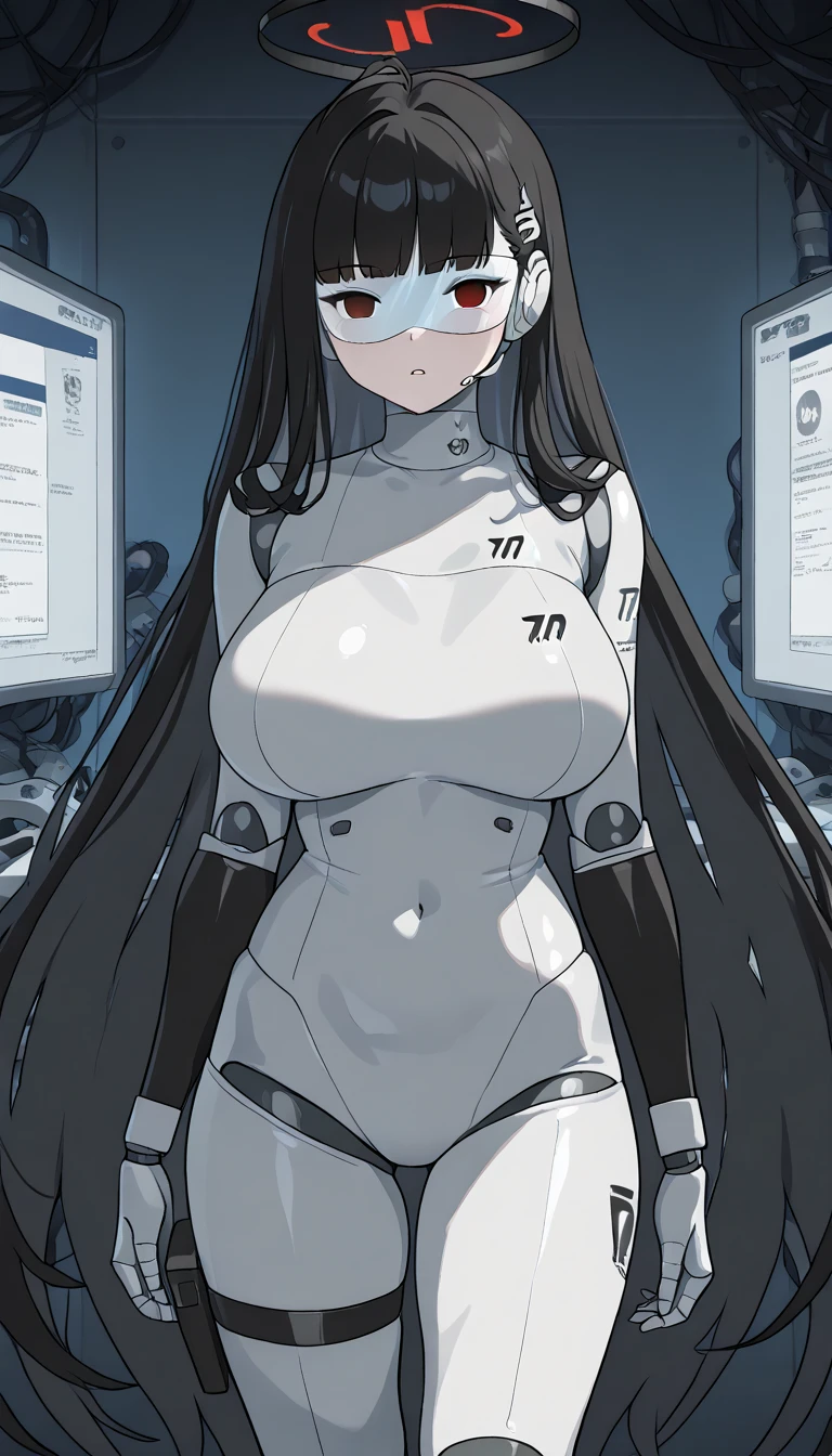 masterpiece, best quality, extremely detailed, (8K, 4K, Best Quality, hight resolution, 超A high resolution:1.1), ,8k portrait, Japaese android Girl,Plump , dark black leg cover,announcer,control panels,android,Droid,Mechanical Hand, Robot arms and legs, Black Robot Parts,Black long hair,Mechanical body,Blunt bangs,perfect mechanical abdomen,White robotics parts,perfect robot woman,future laboratory,cyber pank,charging spot,laboratory,long tube,thick cable connected her neck,white ceramic body ,perfect mechanical body, white robot body,lod antenna,mechanical ear cover,android,robot humanoid,black sponge joints,The removable cover is in the groin,The connection port is in the groin,opened chest panel,access panel on the chest,opened breast panel,perfect mechanical breast,perfect black machine body,perfect black android body,She has repaired,assembly plant,no human skin,visor,mistyrobot,rio(blue archive),robot joint,doll joint,black robot legs,usb ports in the side of neck,empty eyes,malfunction,tight bodysuit,arm cannon