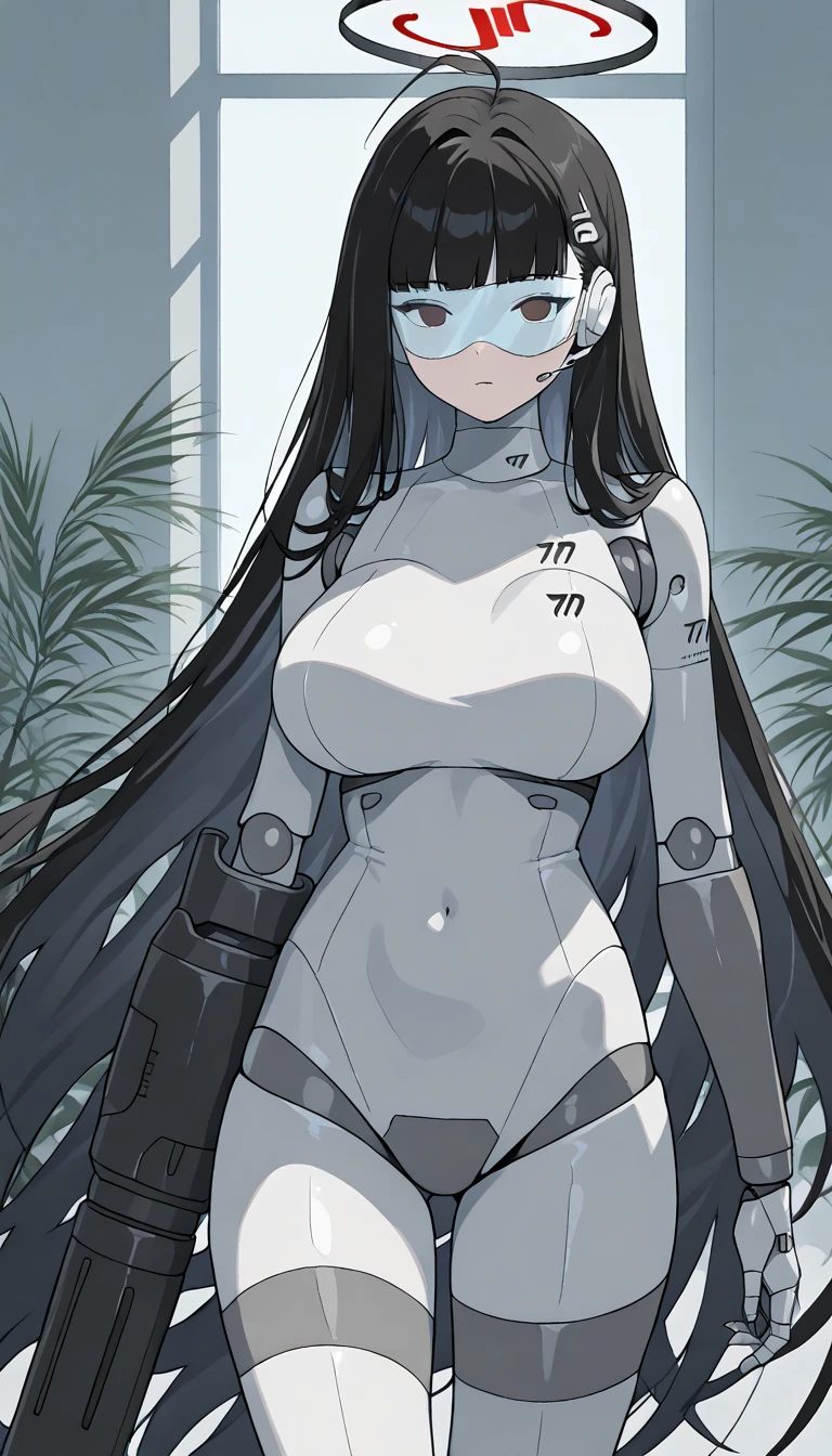 masterpiece, best quality, extremely detailed, (8K, 4K, Best Quality, hight resolution, 超A high resolution:1.1), ,8k portrait, Japaese android Girl,Plump , dark black leg cover,announcer,control panels,android,Droid,Mechanical Hand, Robot arms and legs, Black Robot Parts,Black long hair,Mechanical body,Blunt bangs,perfect mechanical abdomen,White robotics parts,perfect robot woman,future laboratory,cyber pank,charging spot,laboratory,long tube,thick cable connected her neck,white ceramic body ,perfect mechanical body, white robot body,lod antenna,mechanical ear cover,android,robot humanoid,black sponge joints,The removable cover is in the groin,The connection port is in the groin,opened chest panel,access panel on the chest,opened breast panel,perfect mechanical breast,perfect black machine body,perfect black android body,She has repaired,assembly plant,no human skin,visor,mistyrobot,rio(blue archive),robot joint,doll joint,black robot legs,usb ports in the side of neck,empty eyes,malfunction,tight bodysuit,arm cannon