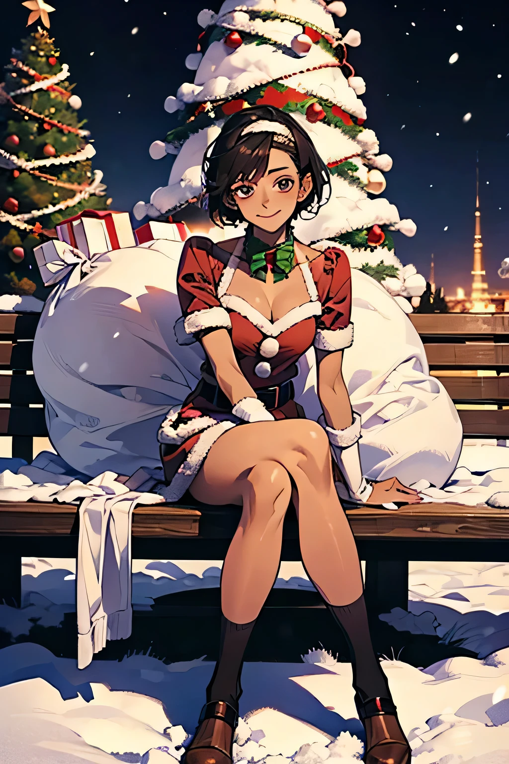 masterpiece, 1girl, cowboy shot, from behind, looking back, parted lips, blush, <lora:BernadettaFEHXmas:0.9> xmasBernie, short hair, skirt, gloves, long sleeves, scarf, santa hat, fur trim, ass, indoors