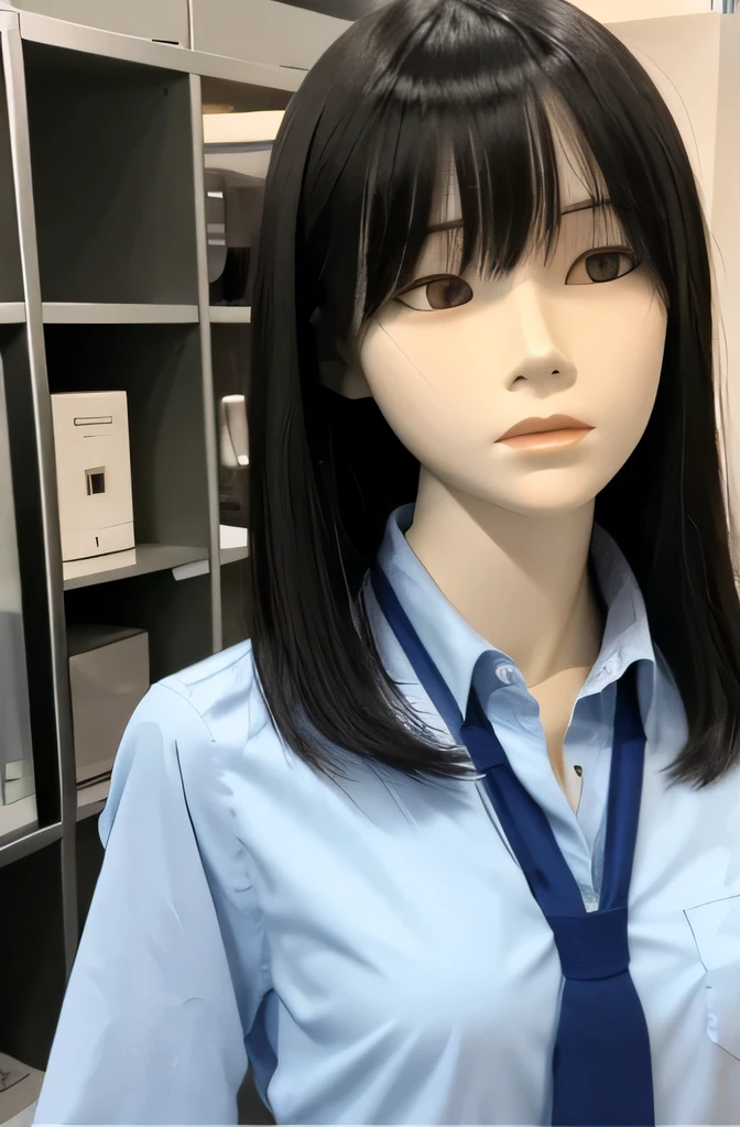 1 full body mannequin,That mannequin is Aya Matsuura.,That mannequin is 45 years old.,mannequin color'The face is pure white.,mannequin color'The body is pure white.,The mannequin has black hair(very flat straight hair,bangs),mannequin is wearing a girl' high school uniform.,A mannequin is touching a computer screen.