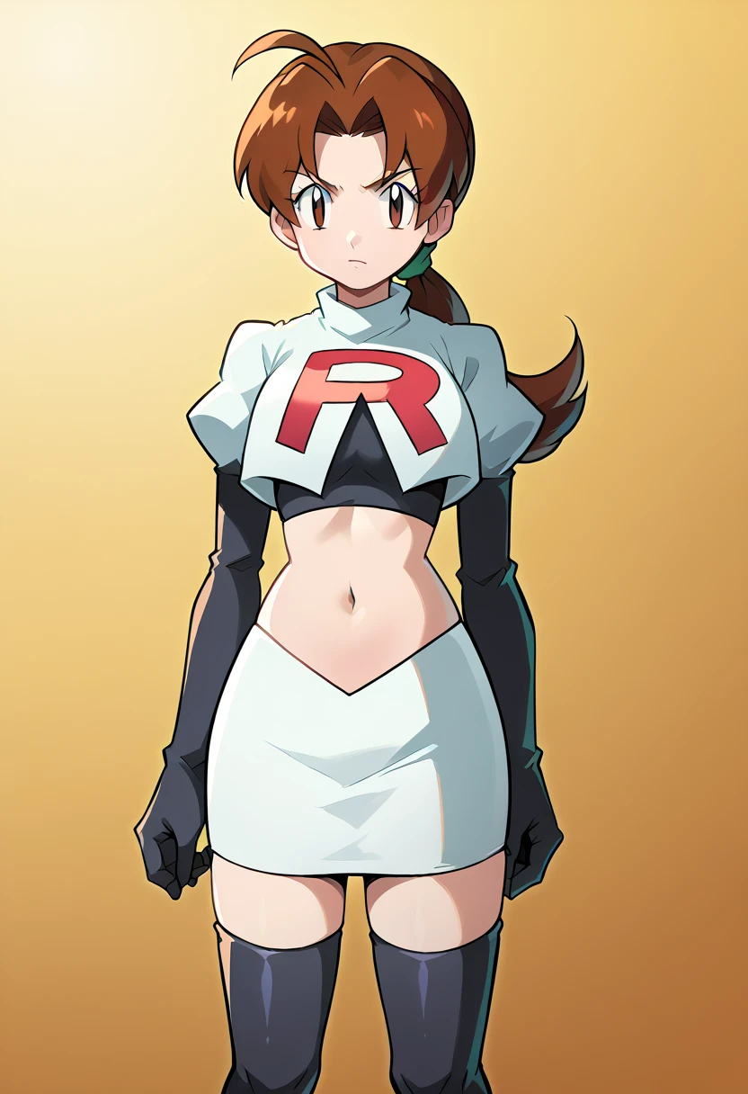 score_9, score_8_up, score_7_up, source_anime,
deliaketchum, deliaketchum, brown hair, brown eyes, parted bangs, ahoge, ponytail, low ponytail,
looking at viewer, cowboy shot, team rocket,team rocket uniform,white skirt,red letter R,crop top,black thigh-highs,black elbow gloves, cowboy shot