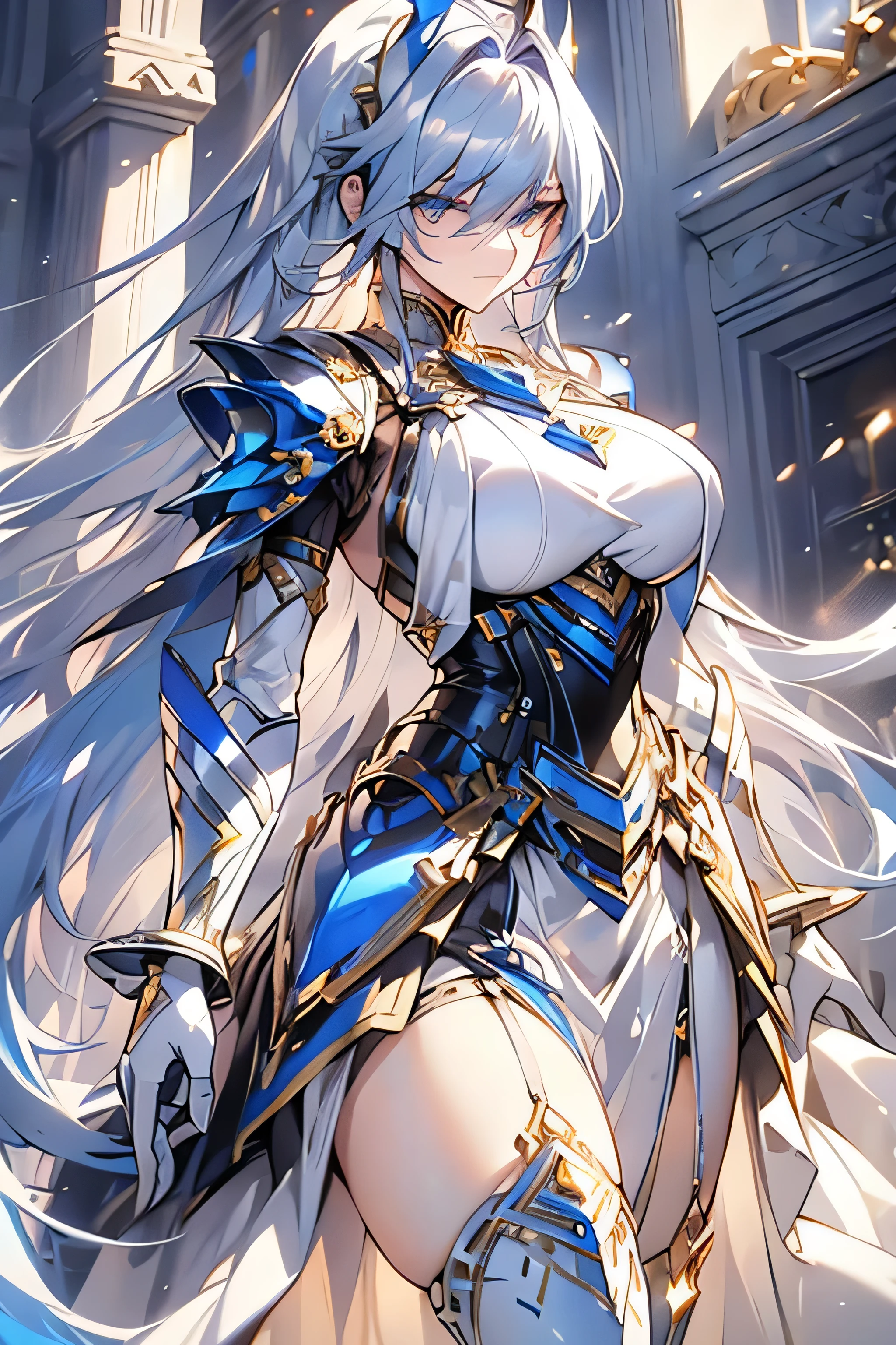 (Perfect Anatomy)、Mastepiece、Ultra High Quality、 8K、masterpiece、Highest quality、Ultra-high resolution、Maximum resolution、Very detailed、Professional Lighting、anime、Adult female、thin、so beautiful、Highly detailed eye、Draw the whole body、Armored Dress, Blue and white armor, , Golden decorated luxury tiara，Golden earrings，Frilly Armor，Light blue hair, blue eyes，White underwear、grassland, dynamic angle, dynamic pose, Heroic pose, pillars of ice, Pose holding a bow