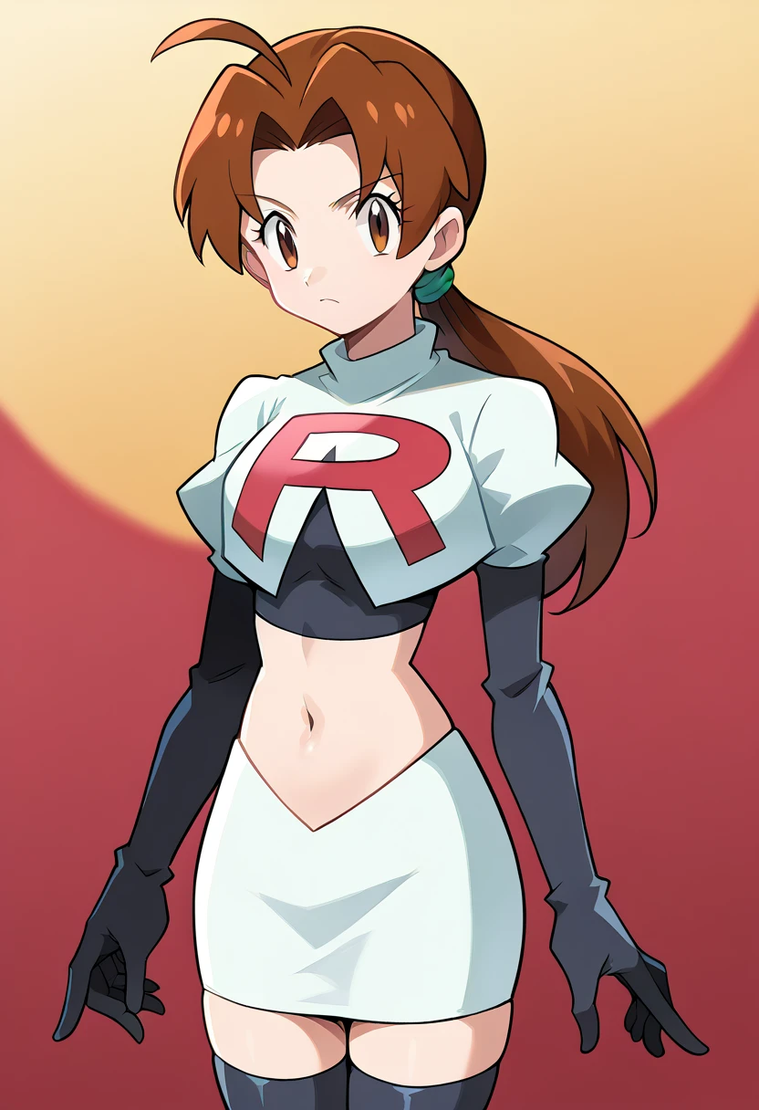 score_9, score_8_up, score_7_up, source_anime,
deliaketchum, deliaketchum, brown hair, brown eyes, parted bangs, ahoge, ponytail, low ponytail,
looking at viewer, cowboy shot, team rocket,team rocket uniform,white skirt,red letter R,crop top,black thigh-highs,black elbow gloves, cowboy shot