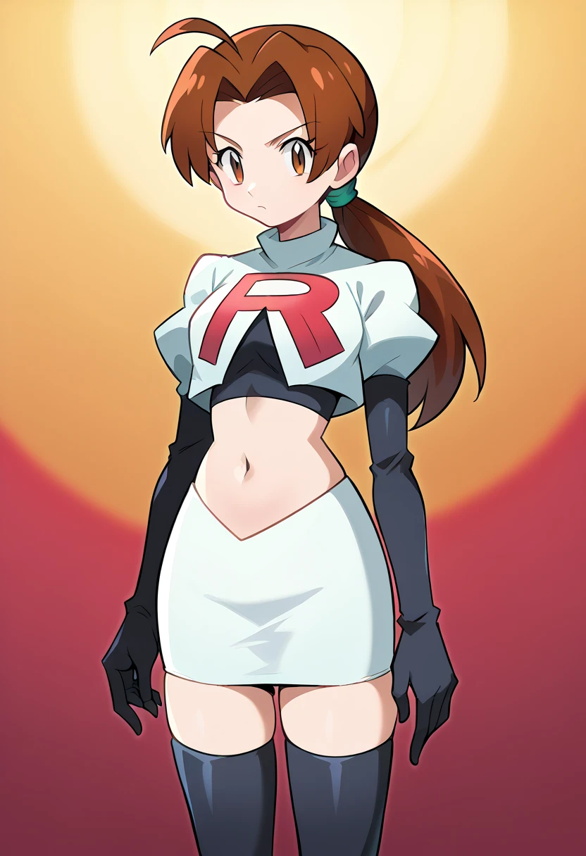 score_9, score_8_up, score_7_up, source_anime,
deliaketchum, deliaketchum, brown hair, brown eyes, parted bangs, ahoge, ponytail, low ponytail,
looking at viewer, cowboy shot, team rocket,team rocket uniform,white skirt,red letter R,crop top,black thigh-highs,black elbow gloves, cowboy shot