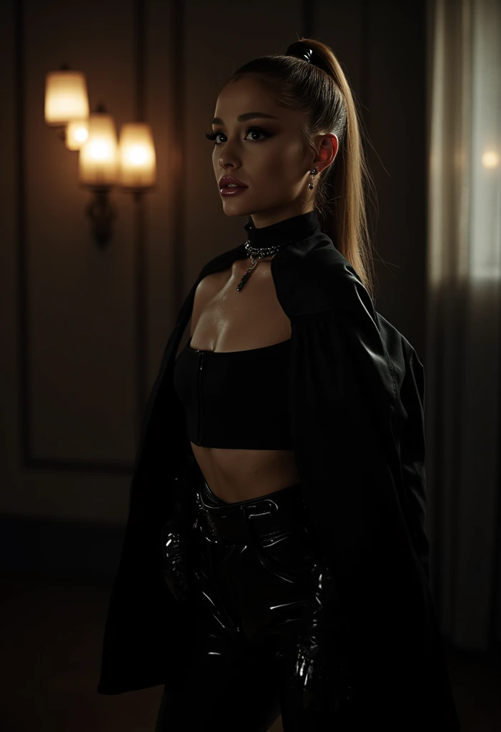 ariana grande, sexy criminal, badass, dark makeup, dramatic lighting, chiaroscuro lighting, moody lighting, film noir aesthetic, high contrast, cinematic, dramatic pose, leather jacket, tight pants, heist, robbery, getaway driver, gritty, dark and gritty, intense, stylized, rich colors, dramatic shadows, dynamic composition, masterpiece, (best quality,4k,8k,highres,masterpiece:1.2),ultra-detailed,(realistic,photorealistic,photo-realistic:1.37)