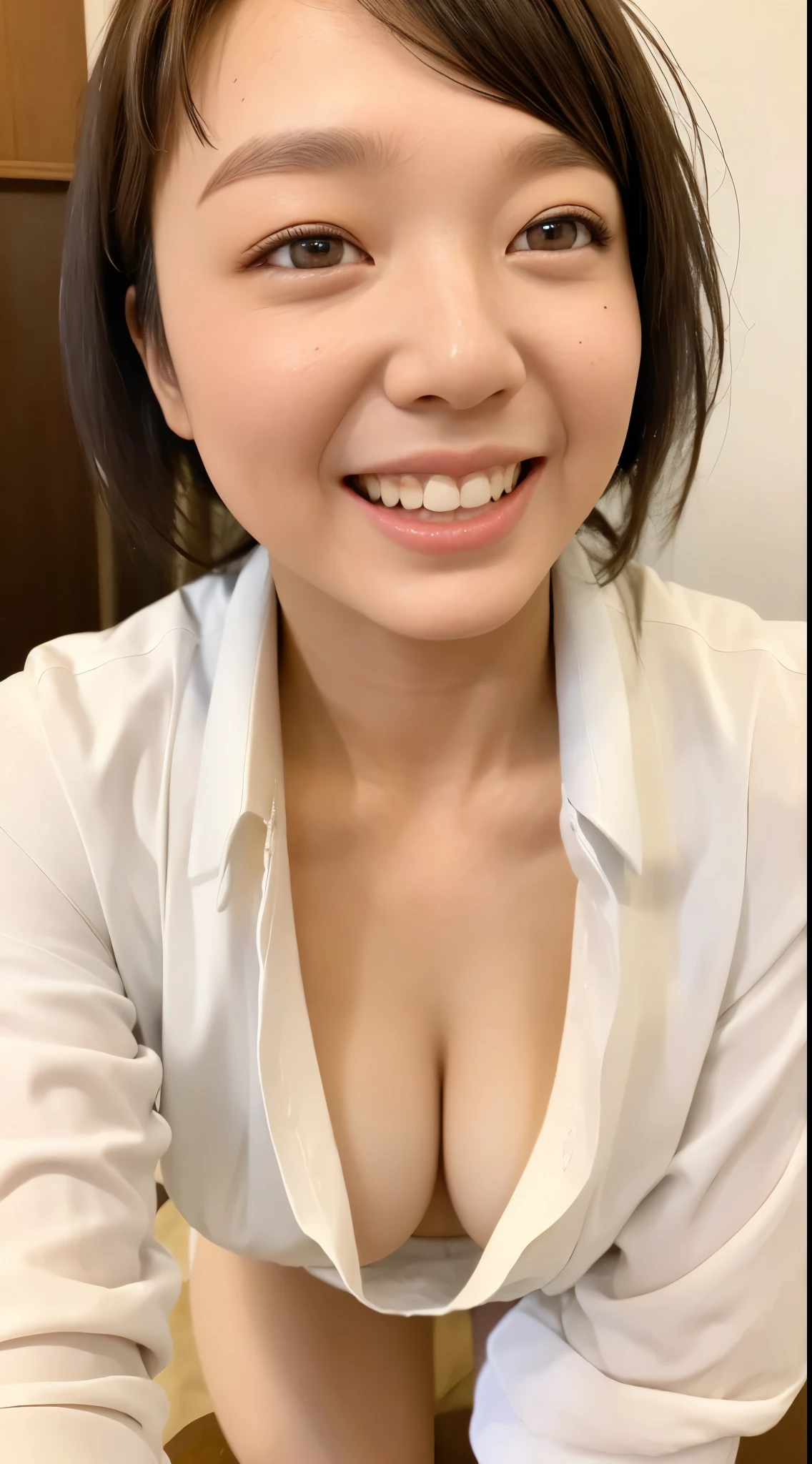 ((highest quality, 8K, masterpiece: 1.3、full body shot、spread your legs、No panties、No bra、barefoot)), sharp: 1.2, perfect body beauty: 1.4, slim abs: 1.2, ((leaning forward、 big breasts: 1.2)),  (open shirt: 1.3), close your face: 1.5, (((Highly detailed face and skin texture, fine eyes, double eyelid))), View of the camera from the side