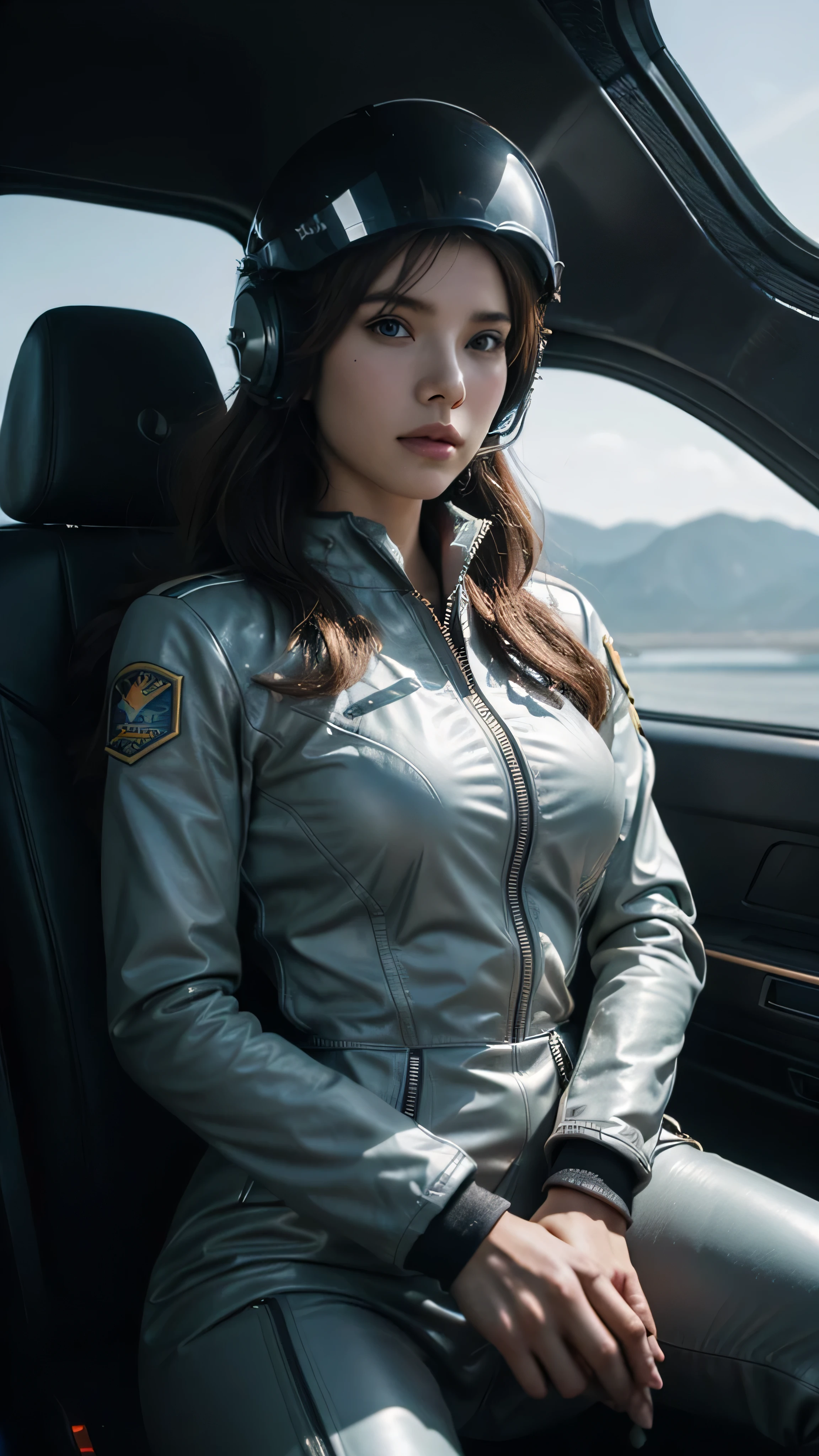  close-up of a woman wearing a helmet and full body high quality images of a woman wearing a helmet,  2020 21 cinematic 4K facial details 、 　Barbarella, Ana Katharina Bullock ,  fighter pilot in the cockpit ,  photograph,  beautiful women, 1960s, Faster, Awarded at cgsociety,  pilot suit, Photo taken in 2015