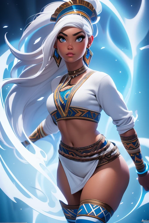 masterpiece, best quality, highres, highest quality, absurdres, kidagakash, (dark skin:1.3), long white hair, facial mark, necklace, traditional media, (painting \(medium\)), sharp expressive eyes, perfect face, wide hips, thick lineart, atmospheric lighting, smooth, beautifully detailed riverbank background, cinematic composition, Joe Madureira <lora:Kidagakash:1>