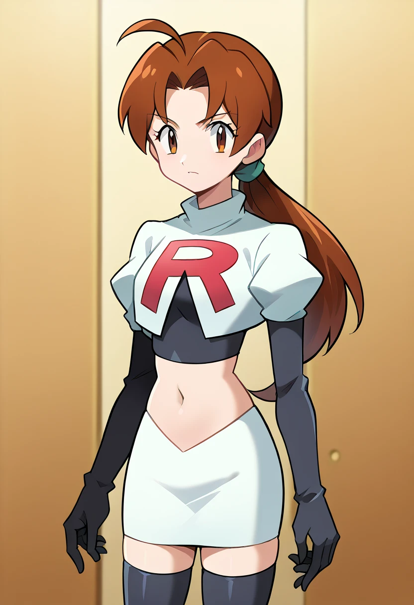 score_9, score_8_up, score_7_up, source_anime,
deliaketchum, deliaketchum, brown hair, brown eyes, parted bangs, ahoge, ponytail, low ponytail,
looking at viewer, cowboy shot, team rocket,team rocket uniform,white skirt,red letter R,crop top,black thigh-highs,black elbow gloves, cowboy shot