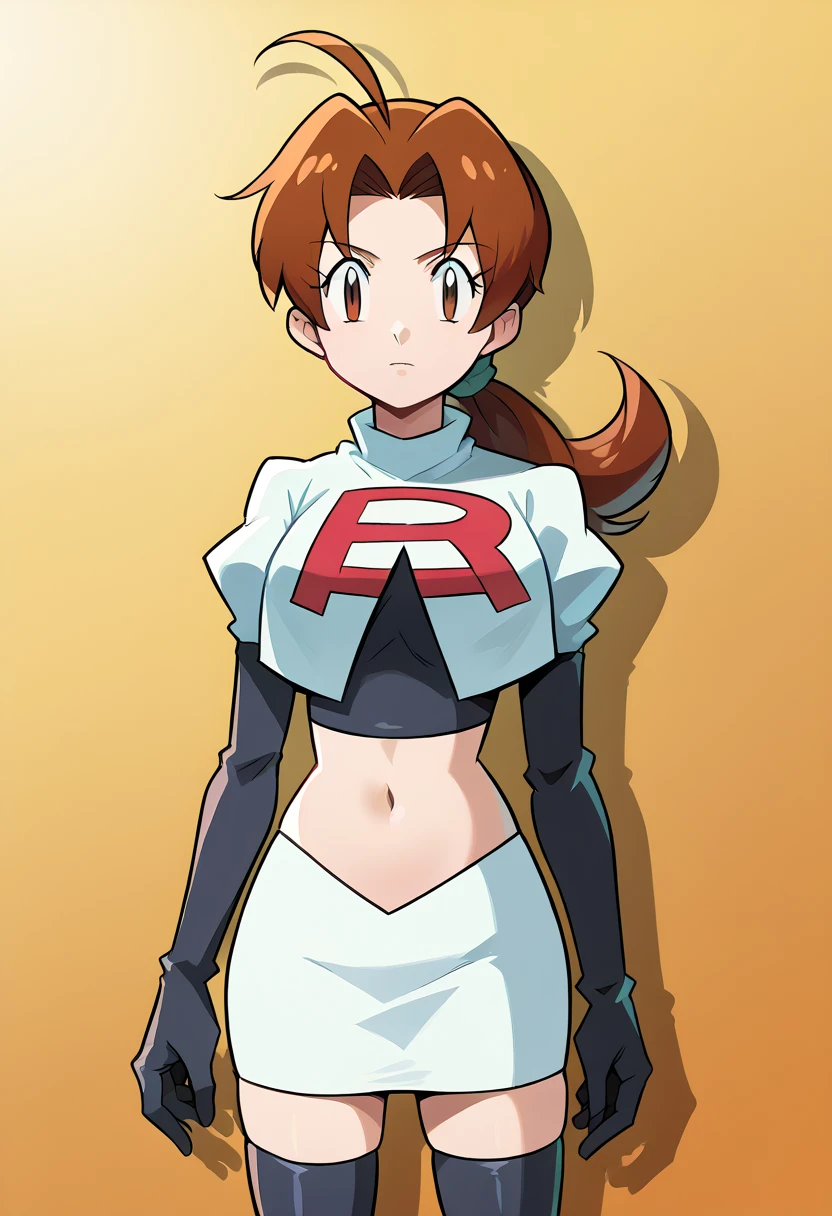 score_9, score_8_up, score_7_up, source_anime,
deliaketchum, deliaketchum, brown hair, brown eyes, parted bangs, ahoge, ponytail, low ponytail,
looking at viewer, cowboy shot, team rocket,team rocket uniform,white skirt,red letter R,crop top,black thigh-highs,black elbow gloves, cowboy shot