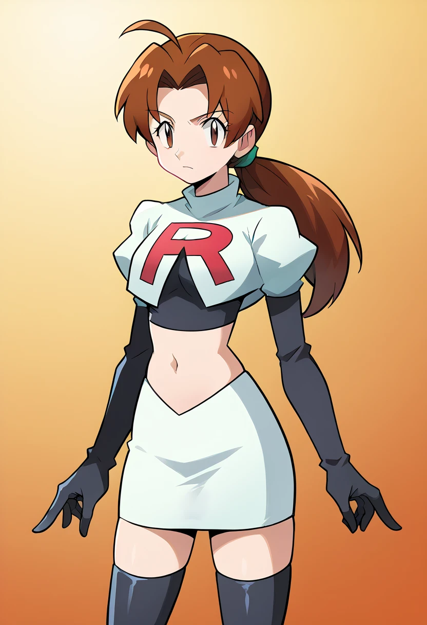 score_9, score_8_up, score_7_up, source_anime,
deliaketchum, deliaketchum, brown hair, brown eyes, parted bangs, ahoge, ponytail, low ponytail,
looking at viewer, cowboy shot, team rocket,team rocket uniform,white skirt,red letter R,crop top,black thigh-highs,black elbow gloves, cowboy shot