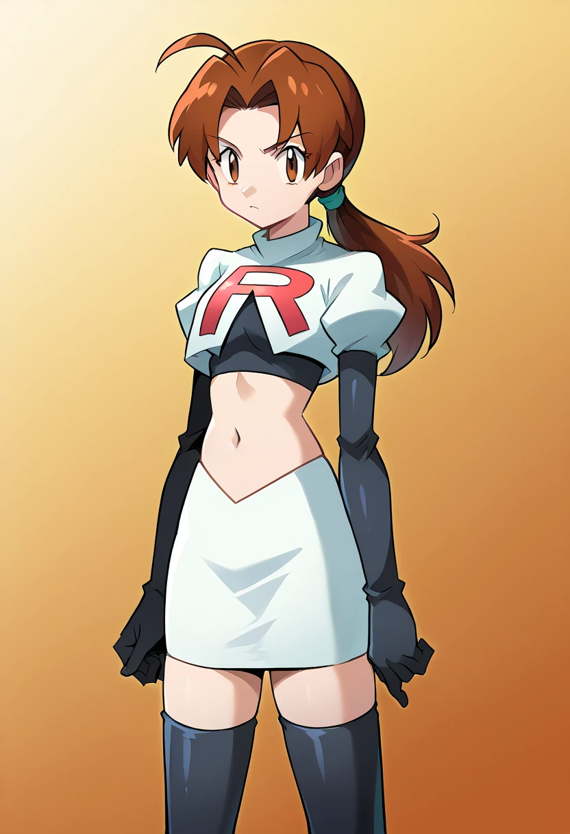 score_9, score_8_up, score_7_up, source_anime,
deliaketchum, deliaketchum, brown hair, brown eyes, parted bangs, ahoge, ponytail, low ponytail,
looking at viewer, cowboy shot, team rocket,team rocket uniform,white skirt,red letter R,crop top,black thigh-highs,black elbow gloves, cowboy shot