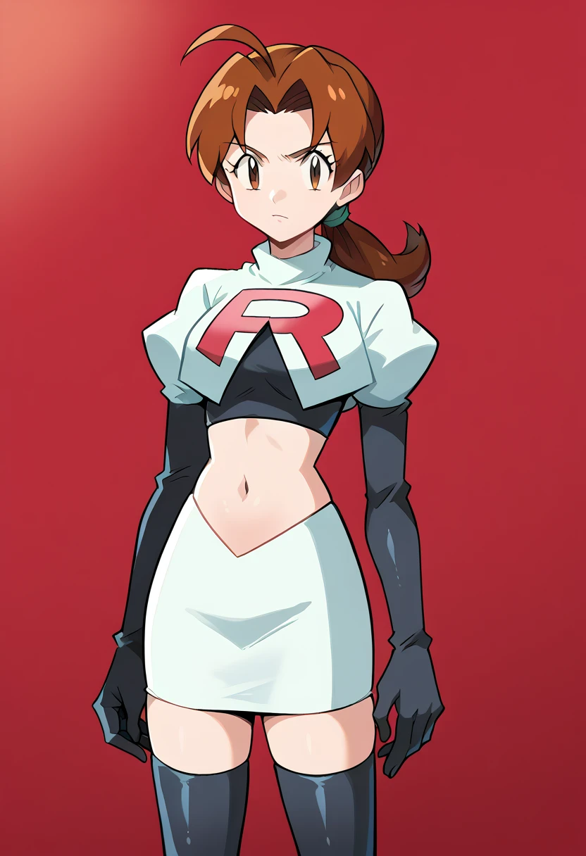 score_9, score_8_up, score_7_up, source_anime,
deliaketchum, deliaketchum, brown hair, brown eyes, parted bangs, ahoge, ponytail, low ponytail,
looking at viewer, cowboy shot, team rocket,team rocket uniform,white skirt,red letter R,crop top,black thigh-highs,black elbow gloves, cowboy shot