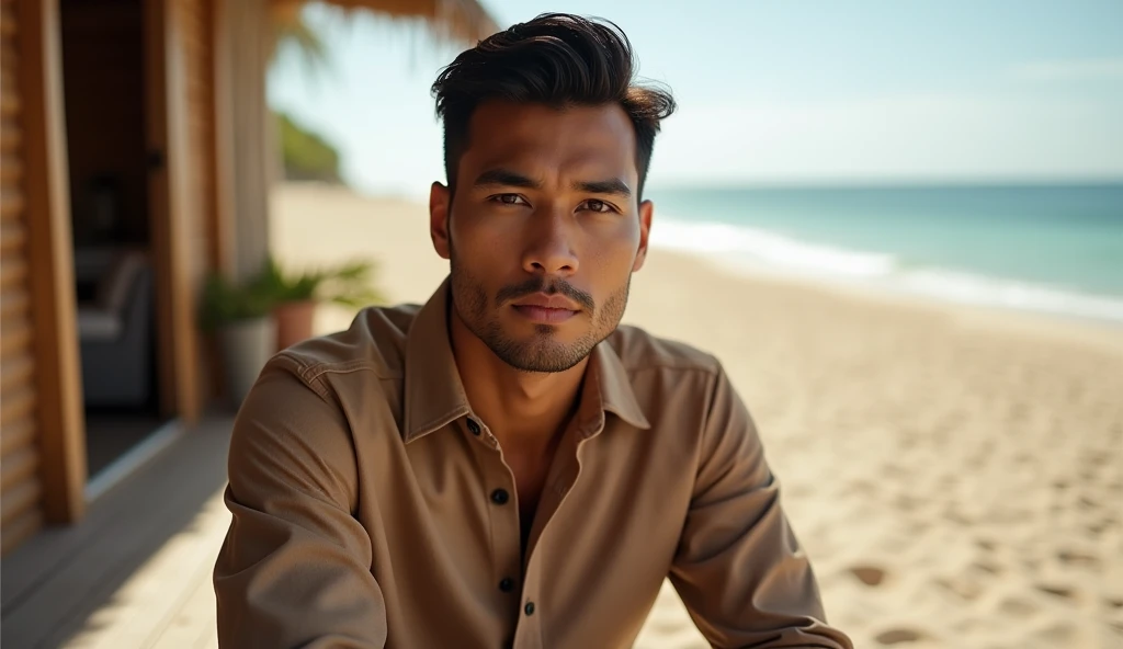 photo of a stunning naked handsome muscular Thai man, no female, honey eyes, short messy windy light brown hair, flipping hair, closeup zoomed in tight crop portrait, walking down a (paradisiacal beach scene:1.2) (Lighting-blue:1.2) foreground objects background details (masterpiece:1.2) (photorealistic:1.2) (bokeh:1.2) (best quality) (color grading) (detailed skin:1.3) (intricate) (8k) (HDR) (cinematic lighting:1.3) (sharp focus), messy windy hair