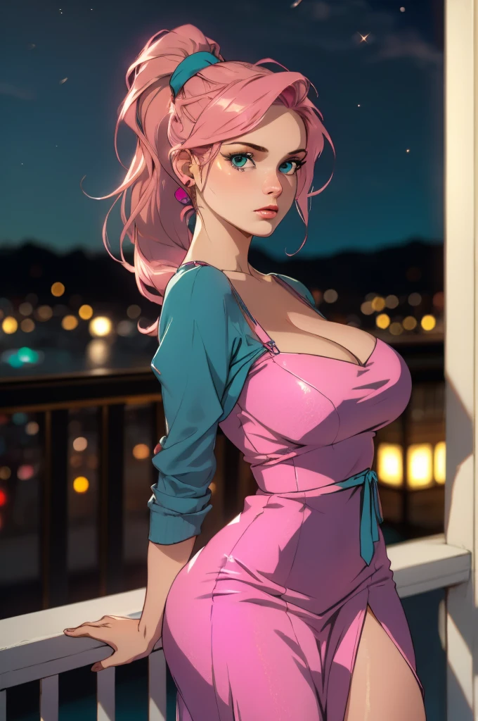 Danish, medium closeup, 1girl, solo, huge breasts, cleavage, wide hips, fit stomach,
long detailed eyelashes, (detailed eyes), full lips, (detailed skin texture:1.1), (minimum hair, realistic hair:1.2), 
HAIR: (pink hair, ponytail:1.1),
CLOTHING: (teal dress), BREAK;
LOCATION: balcony, night city,
EXPRESSION: (looking at viewer), passionate look,
soft lighting, depth of field, (photorealistic), Ultra High Definition, Raw Photo,

