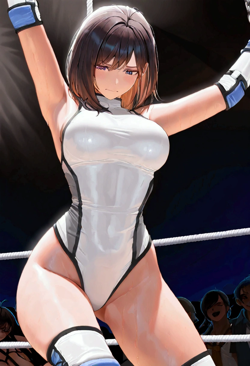 ((((masterpiece)))), (( unity 8k wallpaper, photorealistic , (( detailed face )), ((nsfw)), Female Pro Wrestler , one length,Pure white leotard,Elbow guard, leg protectors ,torture,She straddles , The top tier of a rope strung on a pro wrestling ring,Aerial Hanging Perfect Anatomy 