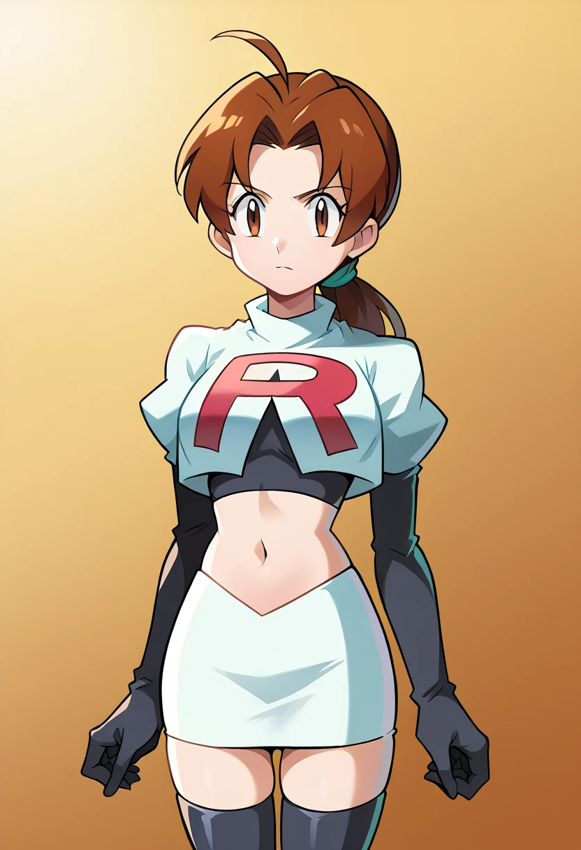 score_9, score_8_up, score_7_up, source_anime,
deliaketchum, deliaketchum, brown hair, brown eyes, parted bangs, ahoge, ponytail, low ponytail,
looking at viewer, cowboy shot, team rocket,team rocket uniform,white skirt,red letter R,crop top,black thigh-highs,black elbow gloves, cowboy shot