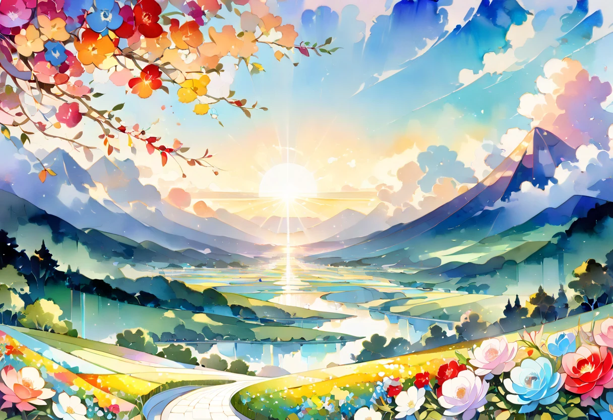 ((( An elaborate watercolor painting depicting a beautiful landscape of a long checkered belt ascending from paradise))),(((Unconditional Love))),(( top quality ,masterpiece:1.5)),((Sacred Spirals ),((Dazzling light)),( Large Coloured Photons :1.5),( pearl white ),(Perfect Anatomy),( Ultra High Quality ),( detailed background),(Artwork),(Great harmony ),(The 々 creatures you depict are beautiful),Desaturated:1.1, Rich Color Palette ,Beautiful and fantastic lighting, anime style,truth,joy,thank you,comfortable,fair,Elegance,Polite , true strength , full of vitality ,altruism,Beautiful,clean, soft,Here and now , Forget Time ,Unadorned ,fun,continuation