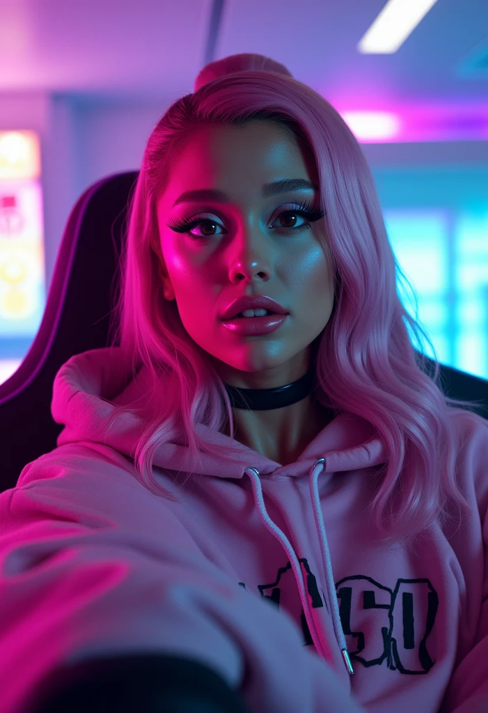 ariana grande as a sexy e-girl, 1girl, beautiful detailed eyes, beautiful detailed lips, extremely detailed face, longeyelashes, pink hair, dark eye makeup, choker, oversized hoodie, thighhigh socks, gaming chair, neon lights, cyberpunk, digital art, 8k, photorealistic, studio lighting, hyperdetailed, vibrant colors, dynamic lighting