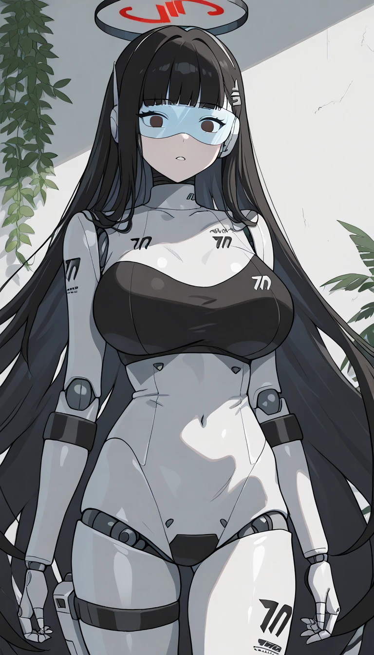 masterpiece, best quality, extremely detailed, (8K, 4K, Best Quality, hight resolution, 超A high resolution:1.1), ,8k portrait, Japaese android Girl,Plump , dark black leg cover,announcer,control panels,android,Droid,Mechanical Hand, Robot arms and legs, Black Robot Parts,Black long hair,Mechanical body,Blunt bangs,perfect mechanical abdomen,White robotics parts,perfect robot woman,future laboratory,cyber pank,charging spot,laboratory,long tube,thick cable connected her neck,white ceramic body ,perfect mechanical body, white robot body,lod antenna,mechanical ear cover,android,robot humanoid,black sponge joints,The removable cover is in the groin,The connection port is in the groin,opened chest panel,access panel on the chest,opened breast panel,perfect mechanical breast,perfect black machine body,perfect black android body,She has repaired,assembly plant,no human skin,visor,mistyrobot,rio(blue archive),robot joint,doll joint,black robot legs,usb ports in the side of neck,empty eyes,malfunction,tight bodysuit,arm cannon