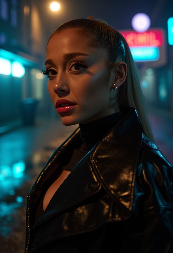 ariana grande, street prostitute, beautiful detailed eyes, beautiful detailed lips, extremely detailed face, long eyelashes, high quality, 8k, ultra-detailed, realistic, photorealistic, studio lighting, vivid colors, cinematic lighting, dramatic lighting, moody lighting, dramatic pose, seductive, sensual, alluring, atmospheric, dark, gritty, urban, neon lights, city backdrop, rainy night, puddle reflections