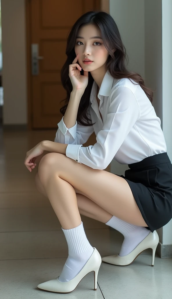 (Photoreal: 1.4), (Hyperrealistic: 1.4), (Realistic: 1.3), (Smooth Lighting: 1.05), (Improved cinematic lighting quality: 0.9), 32K, 1 female, 24 years old business woman, sitting in a chair with her knees together, realistic lighting, backlight, face light, ray tracking, (bright light: 1.2), (Quality improvement: 1.4), (Top quality realistic textured skin: 1.4), Fine detailed eyes, Detailed face, Fine quality eyes, Dark brown eyes, (Tired, sleepy and satisfied: 0.0), White blouse, dark blue tight skirt with slit on the side without any frills fitting the body, dark brown hair, white shiny silk socks, black strap pumps, bright morning light, White wall background with shadows by the window, light leaking from the leaves silhouettes and falls on the wall