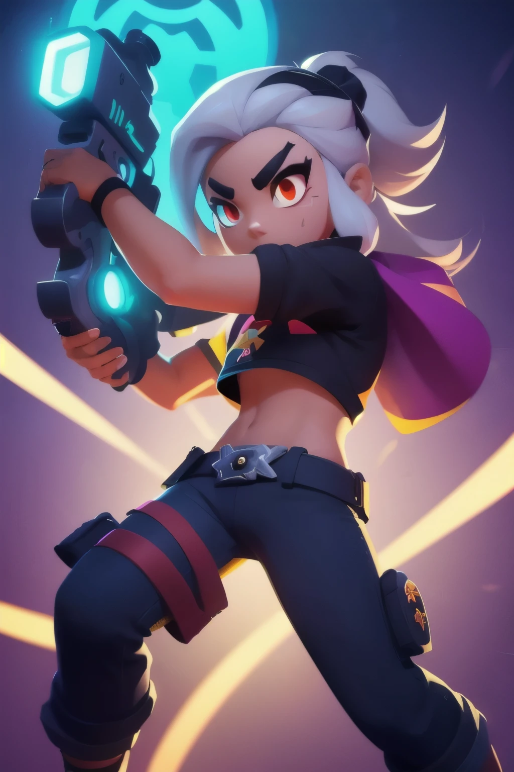 a full body close up of a person holding a gun and a flashlight, ( , brawl stars, splash art brawlstars, epic art style, blaster fire bright as neon, game character, in game style 8k, merged character, fortnite art style, stylized character, holding a blaster, slick clammy skin, clash royal style characters, mobile game style, new character