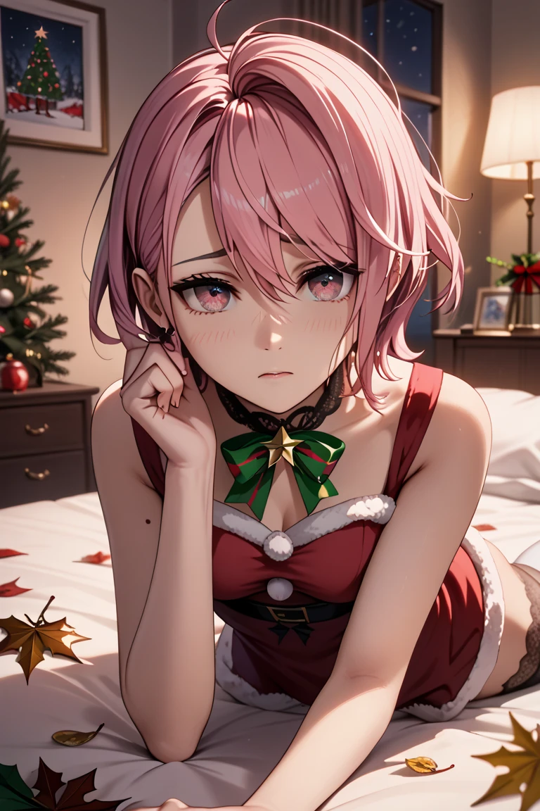 ((Masterpiece, Best Picture Quality, High Quality, Ultra High Quality, Depth of Field, 4K, High Definition)), Acrobatic Pose, Dynamic Composition, One Beautiful Girl, Aira Shiratori, (Asymmetrical short hair with bangs in upper left), Leaves, Stupid hair, Pink hair, Pink eyes, Warm room , Christmas decor, Holy Night, Late night, weak light, ((windowless room)), Woman in all lace Santa-like costume, lace garter stockings, lace arm list lying on bed, shy