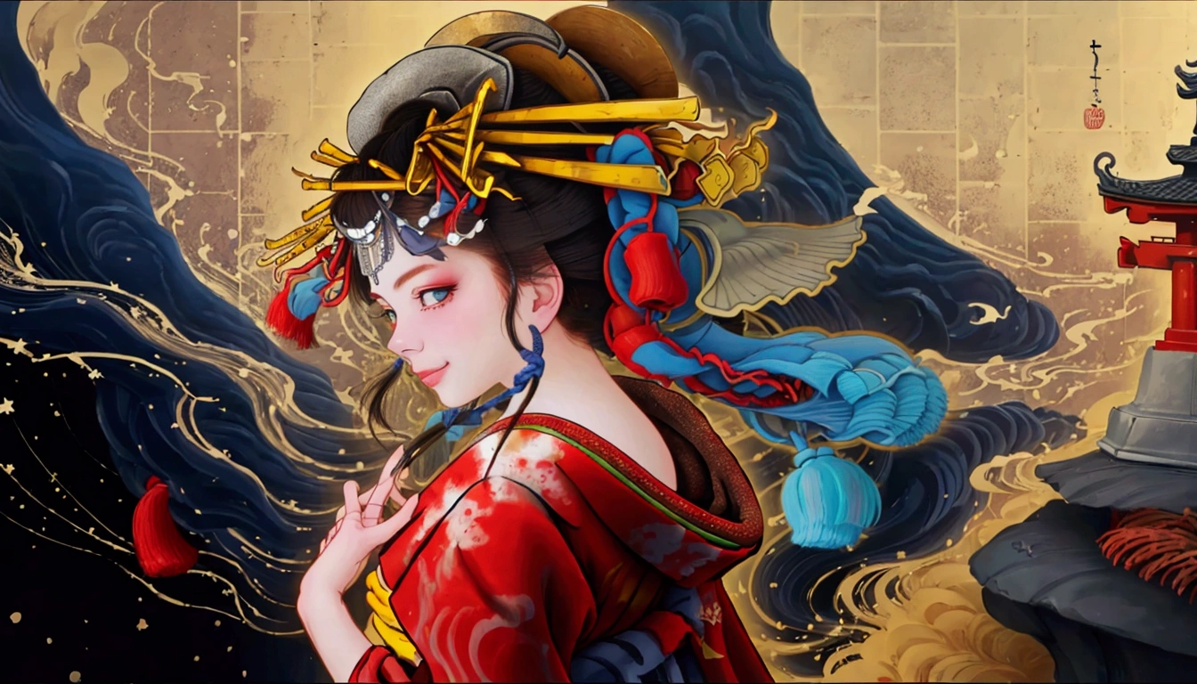 An elegant woman holding a gorgeous Chinese dragon mask, covering it with her hand, the style of Cangyama Yuan and Katsushika Hokusai, bright colors, bold shadows, surrealistic illustrations, intricate details on the skin, delicate feminine curves, flashing red eyes, fierce black eyeliner, red smudging eyeshadow, with a palette of red, black, white, blue, orange, oil painting style, Shirow's style