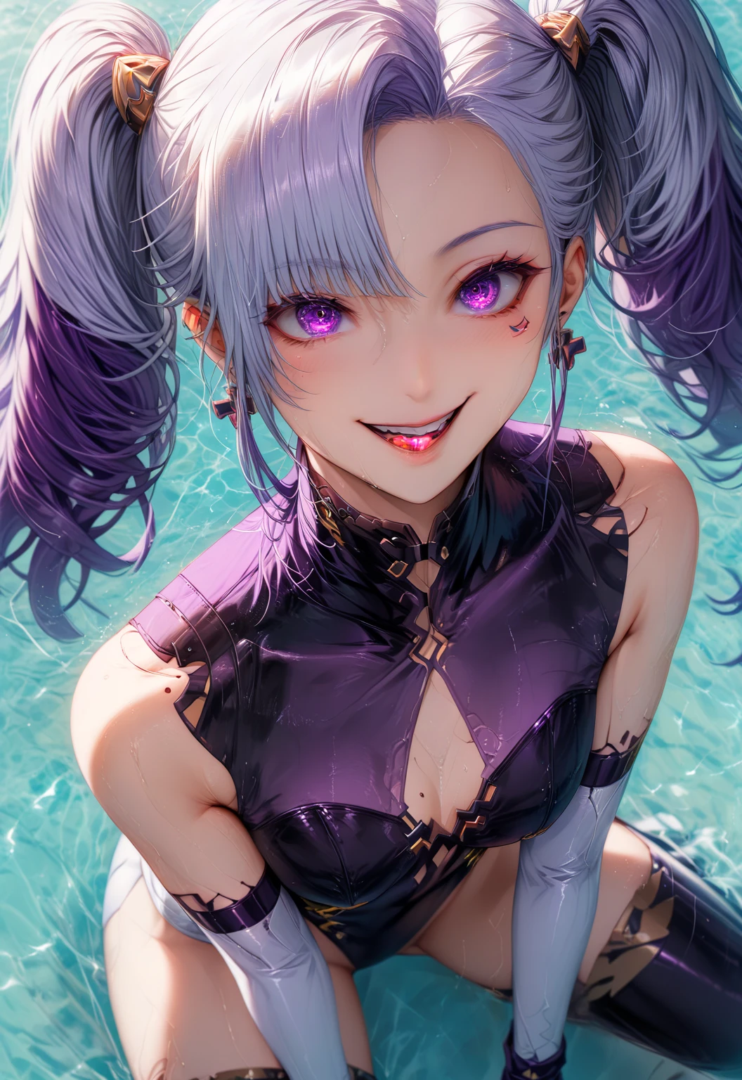 Waterfalls High level image quality best image quality 8K adult woman garden rocks outside more colors whole body view portrait wearing dark pink bikini white horn ears short hair((shortcut)(gray hair)(perm)(fluffy)) eye color is blue , , attractive evil face , evil smile , sexy pose , labrynth , barearm , wearing pink , standing , view from back ,