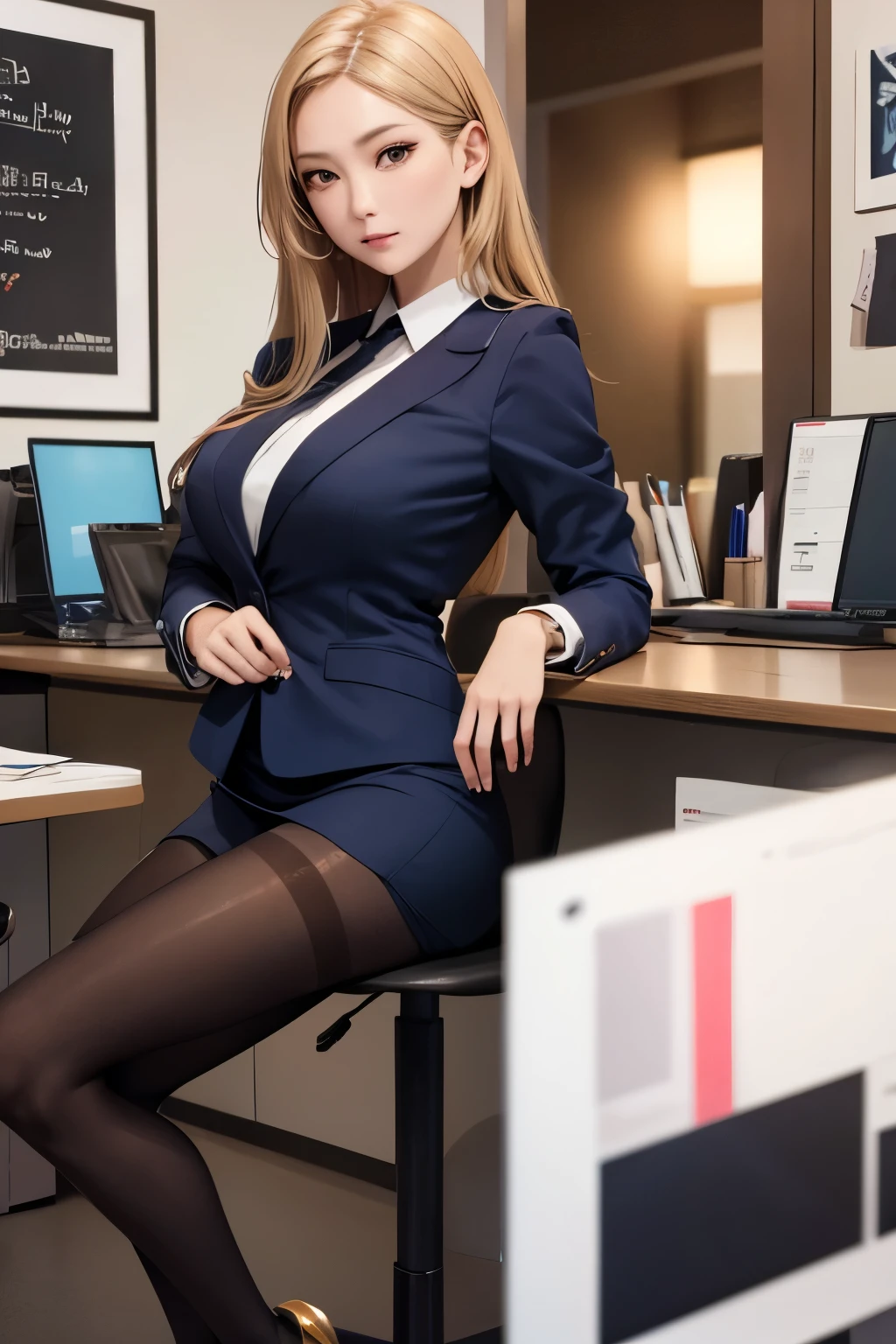 High resolution, High detail, (best quality:1.2), beautiful lady,(large breasts:1.2),Asian,blonde hair,
office lady,business suits,navy jaket,white cut shirt,navy pencil skirts,(reality black pantyhose:1.3),Stiletto heels,
gal.safetensors,Gal,deep Makeup,earling,
looking at viewer, 口を尖らす, 半ば閉じた目,finger to mouth,