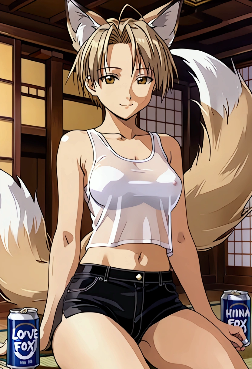 (masterpiece), best quality, expressive eyes, perfect face. ((Konnó mitsune))from ((love hina)), Kansai Osaka Japan girl (((slit close eye))), boyish very short blonde hair), model body, wearing (thin see through white tank top with nipples seen through) and (short black hotpants without any underwear) (pussy slip) (smooth pussy peeking), sitting one leg up in the tatami room, hand grabbing a can of beer, uwu smiles. (((Ethereal ghostly fox ears and (three) fox tails))) (((see through fox tails and ears))) 