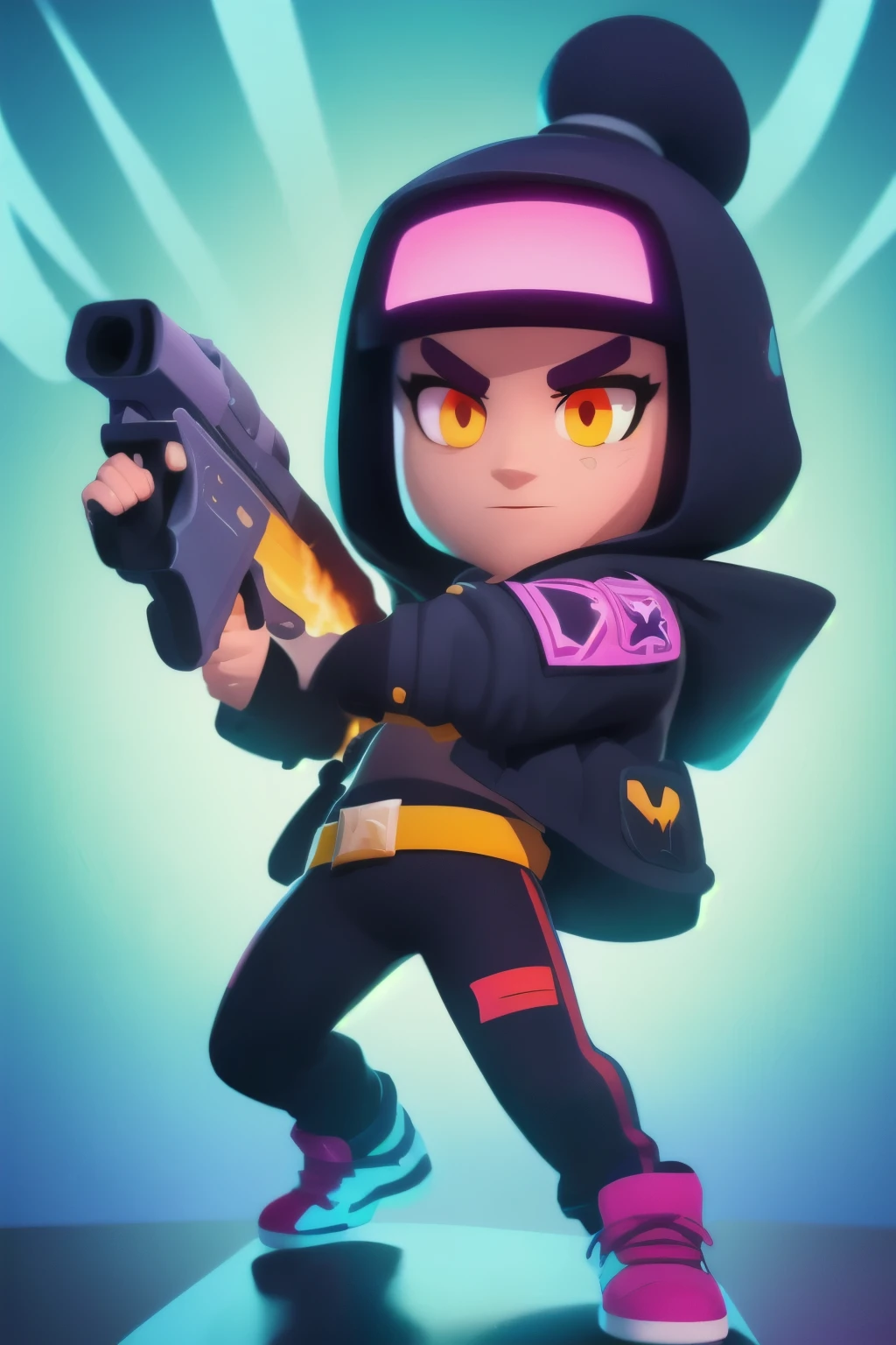 a full body close up of a person holding a gun and a flashlight, ( , brawl stars, splash art brawlstars, epic art style, blaster fire bright as neon, game character, in game style 8k, merged character, fortnite art style, stylized character, holding a blaster, slick clammy skin, clash royal style characters, mobile game style, new character