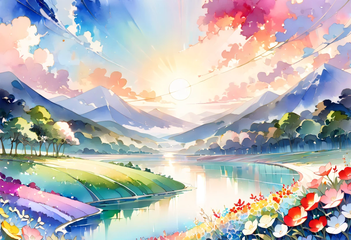 (((An elaborate watercolor painting depicting a beautiful landscape of a long, narrow strip rising from paradise))),(((Unconditional Love))),(( top quality ,masterpiece:1.5)),((Sacred Spirals ),((Dazzling light)),( Large Coloured Photons :1.5),( pearl white ),(Perfect Anatomy),( Ultra High Quality ),( detailed background),(Artwork),(Great harmony ),(The 々 creatures you depict are beautiful),Desaturated:1.1, Rich Color Palette ,Beautiful and fantastic lighting, anime style,truth,joy,thank you,comfortable,fair,Elegance,Polite , true strength , full of vitality ,altruism,Beautiful,clean, soft,Here and now , Forget Time ,Unadorned ,fun,continuation