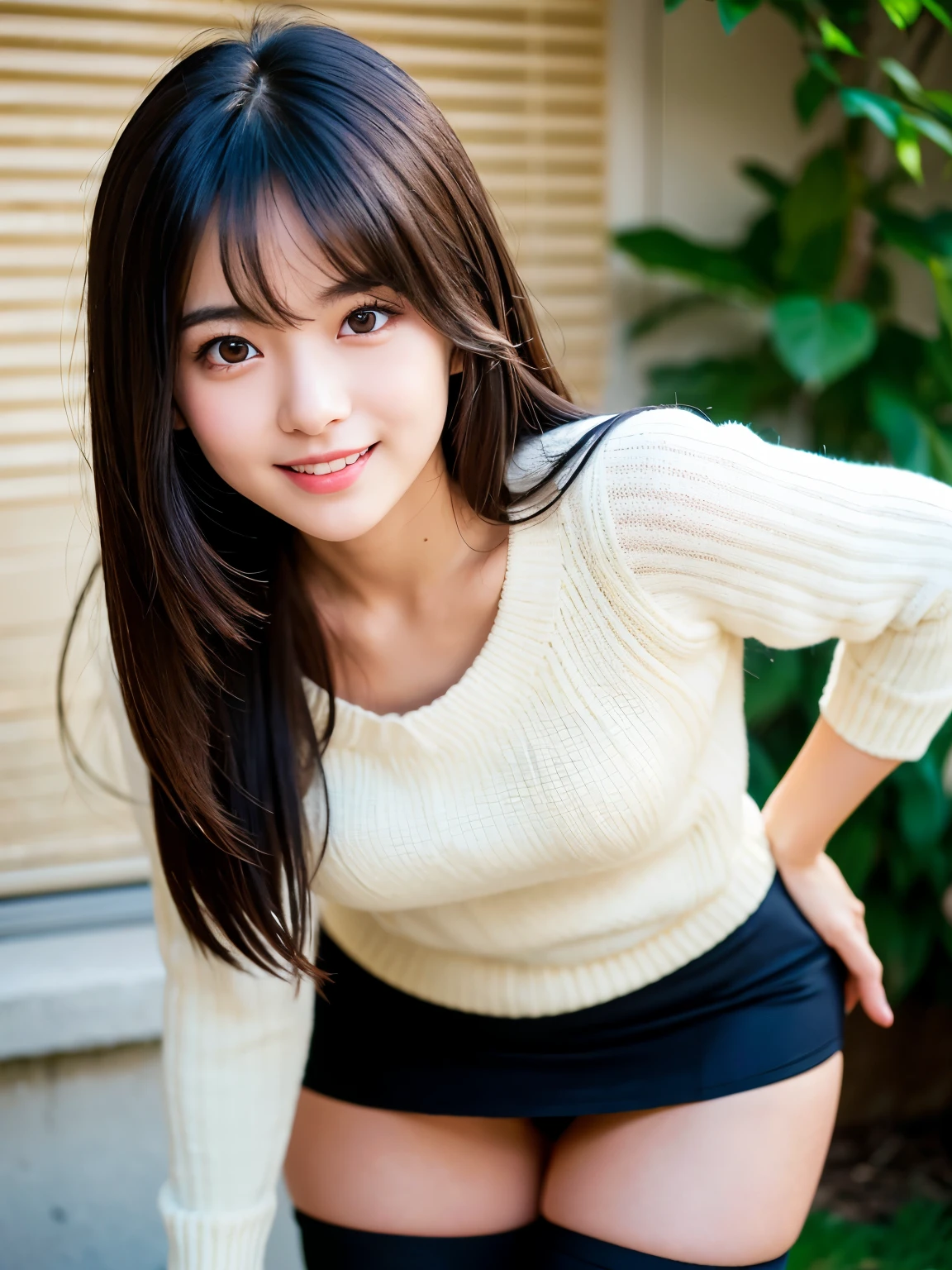 ((Thin long-sleeved knit,、Detailed panties、thighs thighs thighs thighs:1.2))、Moe Sleeve、(realisitic、Photorealsitic、ultra-detailliert、Highest Details Skins、top-quality、​masterpiece、超A high resolution)、Cute Japan Woman、28 year old、younggirl、I have bangs、二重まぶた、drooing eyes、Large black eyes、Japanese style face、Cute smile、Charming、purity、Straight face、double tooth、View here、Realistic skin type