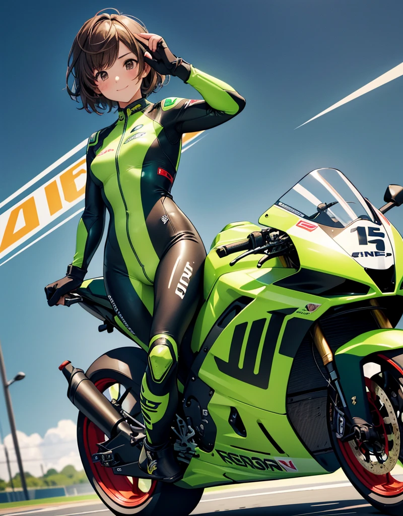  One girl , solo,  high res, chest,  blush,  smiles,  short hair , bangs,  brown eyes,  high res, masterpiece, accurate,  anatomically correct ,  wins numerous awards, 最 High Quality , high detail,  high definition model ,  High Quality ,  retina,  very detailed,  Ultra Fine, Brown Hair, standing, ((( GREEN LEATHER RACING SUIT ))), circuit field background , GREEN SPORTS BIKE ,  wear a green racing suit all over, Leather gloves,  open your mouth and laugh, Highlight the whole body,  don't reveal your skin, During a circuit race, Motorcycle circuit , motorcycle circuit,  racing suit with sponsor logo , ( One girl , Well-proportioned body,  cute face,  short hair:1.2), (最 High Quality ,  high res,  ANIME STYLE,  Motorsports rider with digital drawing mode  ,  realistic :1.1), MotoGP rider,  pose beside a Moto GP bike with a helmet in hand,  depth of field ,  Circuit Background ,  detailed texture with helmet in hand, No. 15, 