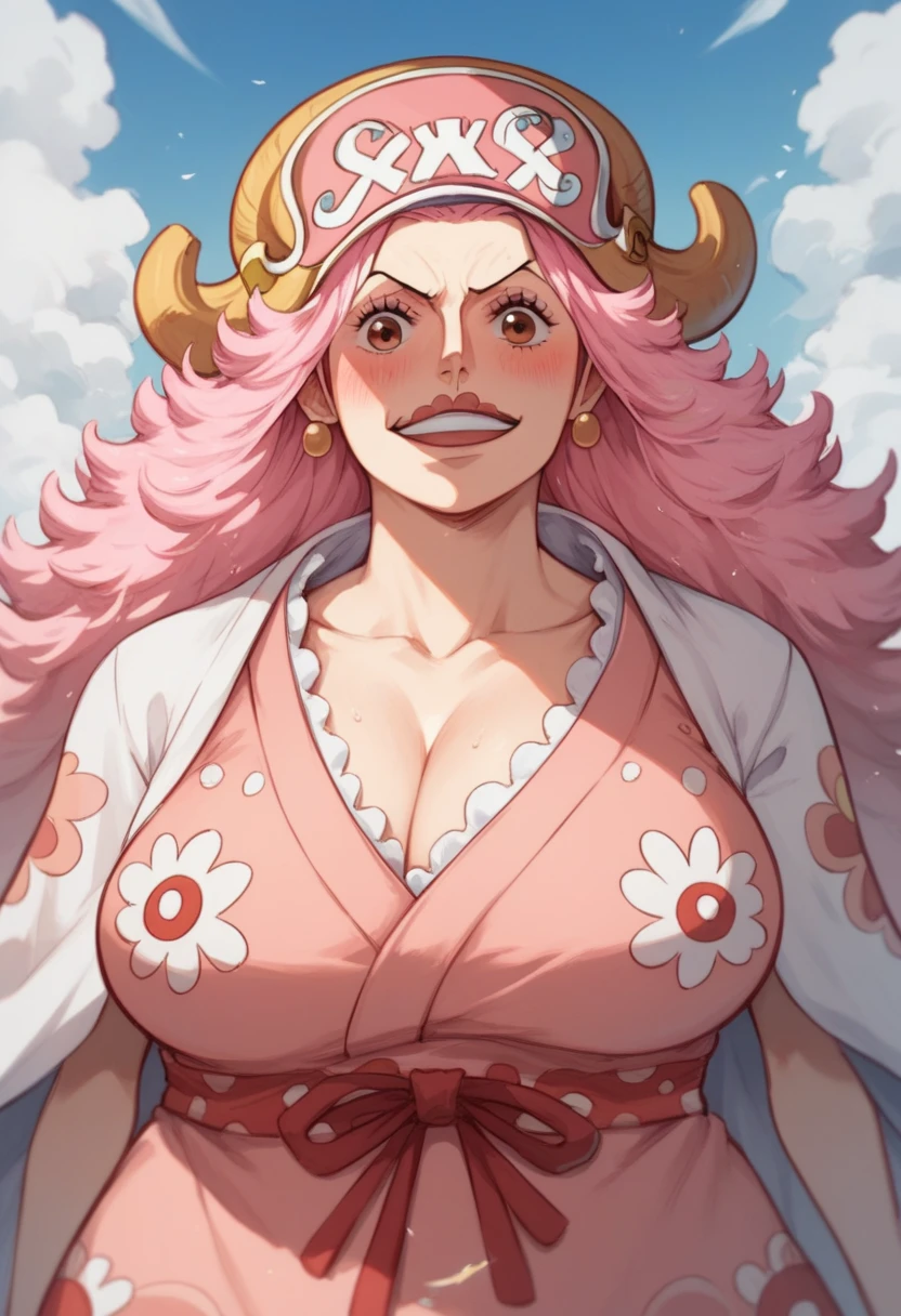 (ANIME ART STYLE) big mom (ONE PIECE), with long pink hair, brown eyes, wearing wano clothes , (wano arc) blush face,