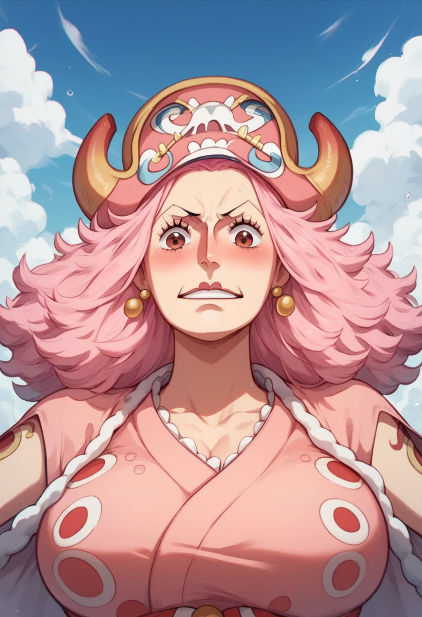 (ANIME ART STYLE) big mom (ONE PIECE), with long pink hair, brown eyes, wearing wano clothes , (wano arc) blush face,