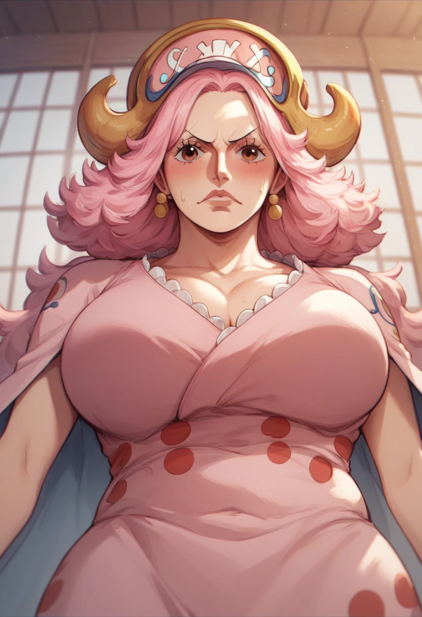 (ANIME ART STYLE) big mom (ONE PIECE), with long pink hair, brown eyes, wearing wano clothes , (wano arc) blush face,